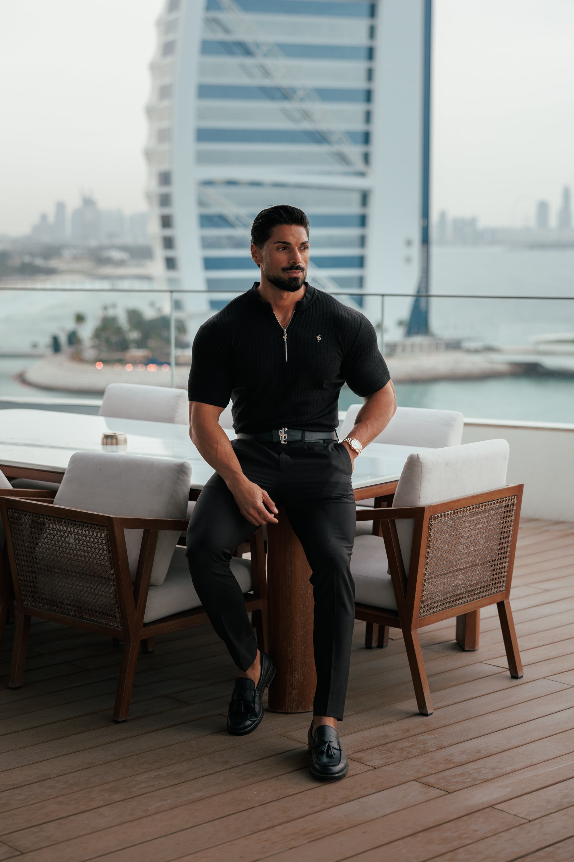 Super Slim Black / Silver Ribbed Zip Grandad Collar Shirt Short Sleeve - FSH1445