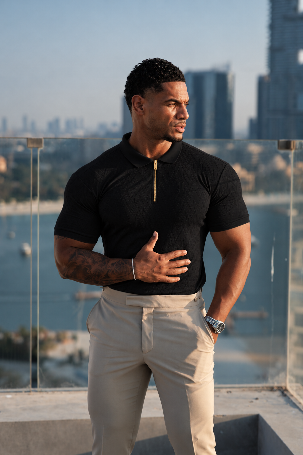 Classic Jacquard Black Chevron Zipped Polo - FSR019