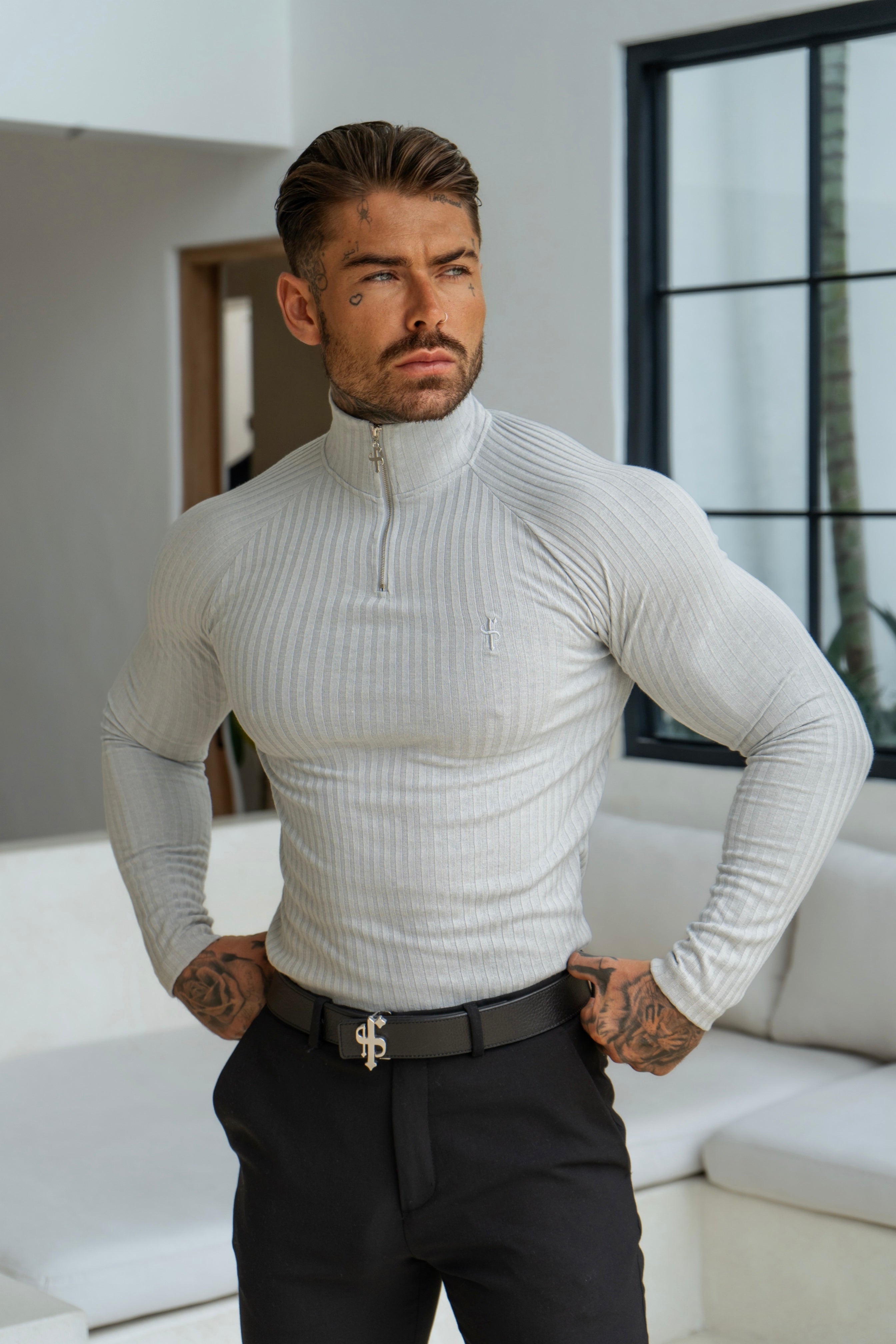 Classic Light Grey Ribbed Zip Funnel Neck Raglan Long Sleeve Crew - FSH1294