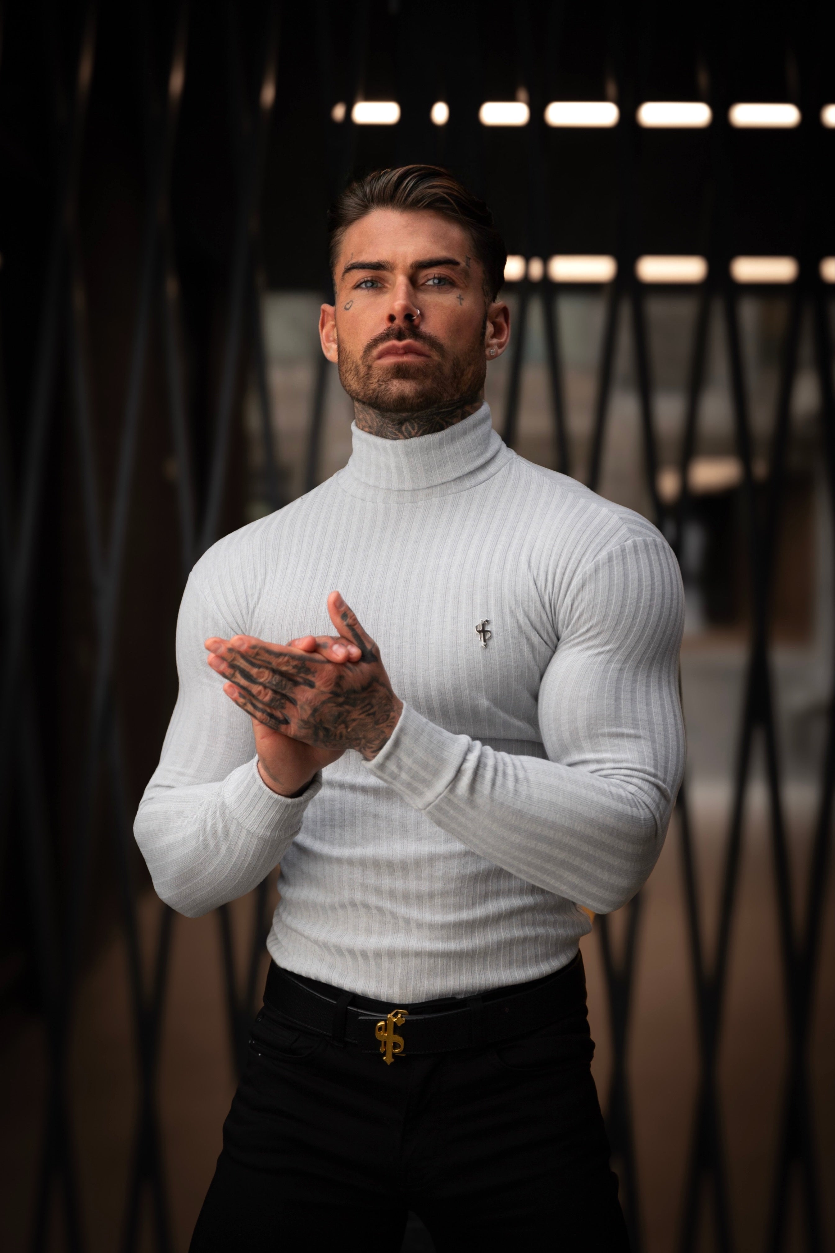 Classic Light Grey / Silver Ribbed Knit Roll-neck Jumper - FSH956