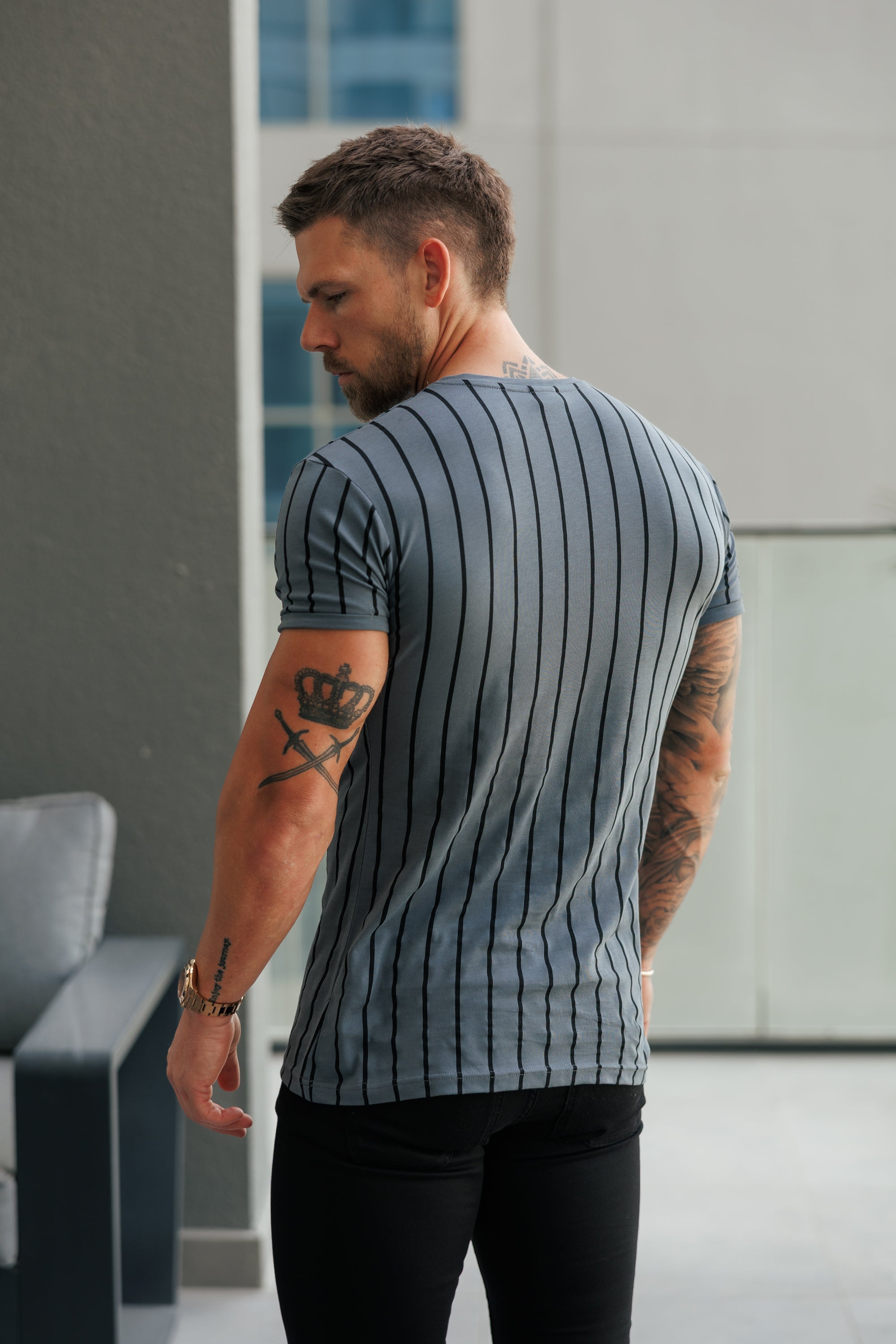 Printed Charcoal / Black Stripe Fitted T Shirt - FSH1375