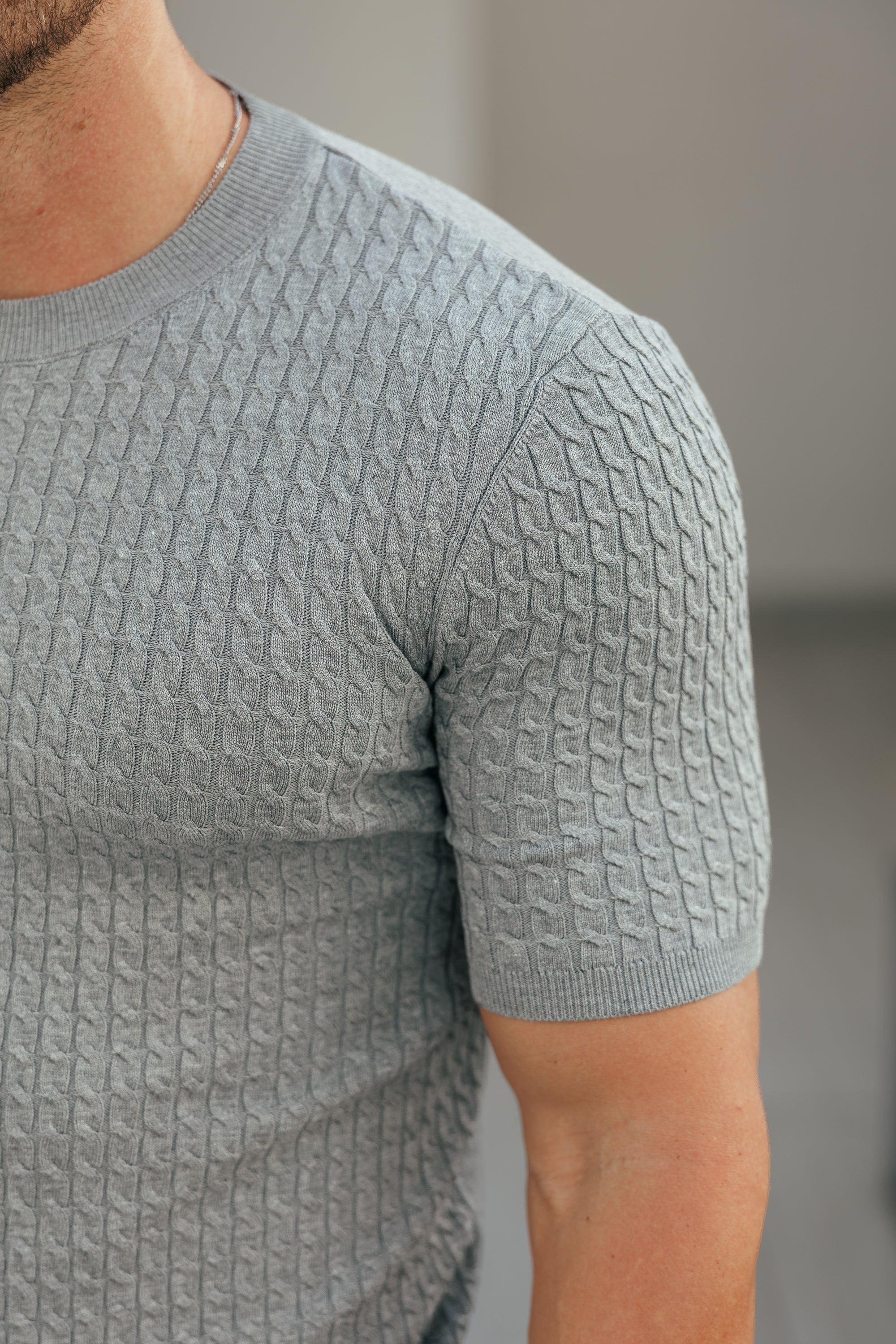 Front Chain Knit Crew T-Shirt Light Charcoal Short Sleeve - FSR058