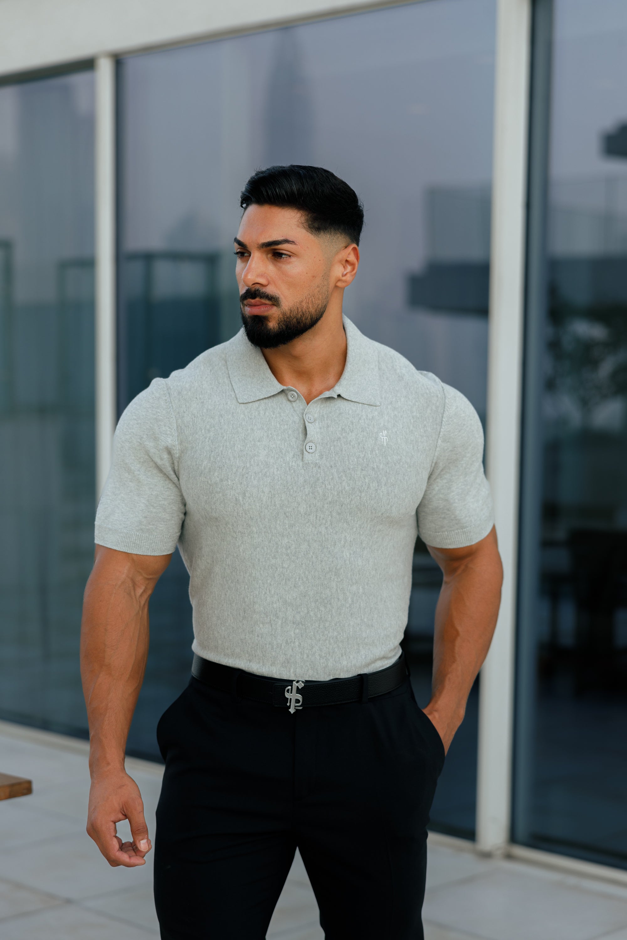 Classic Plain Light Grey Knitted Polo Short Sleeve - FSN110
