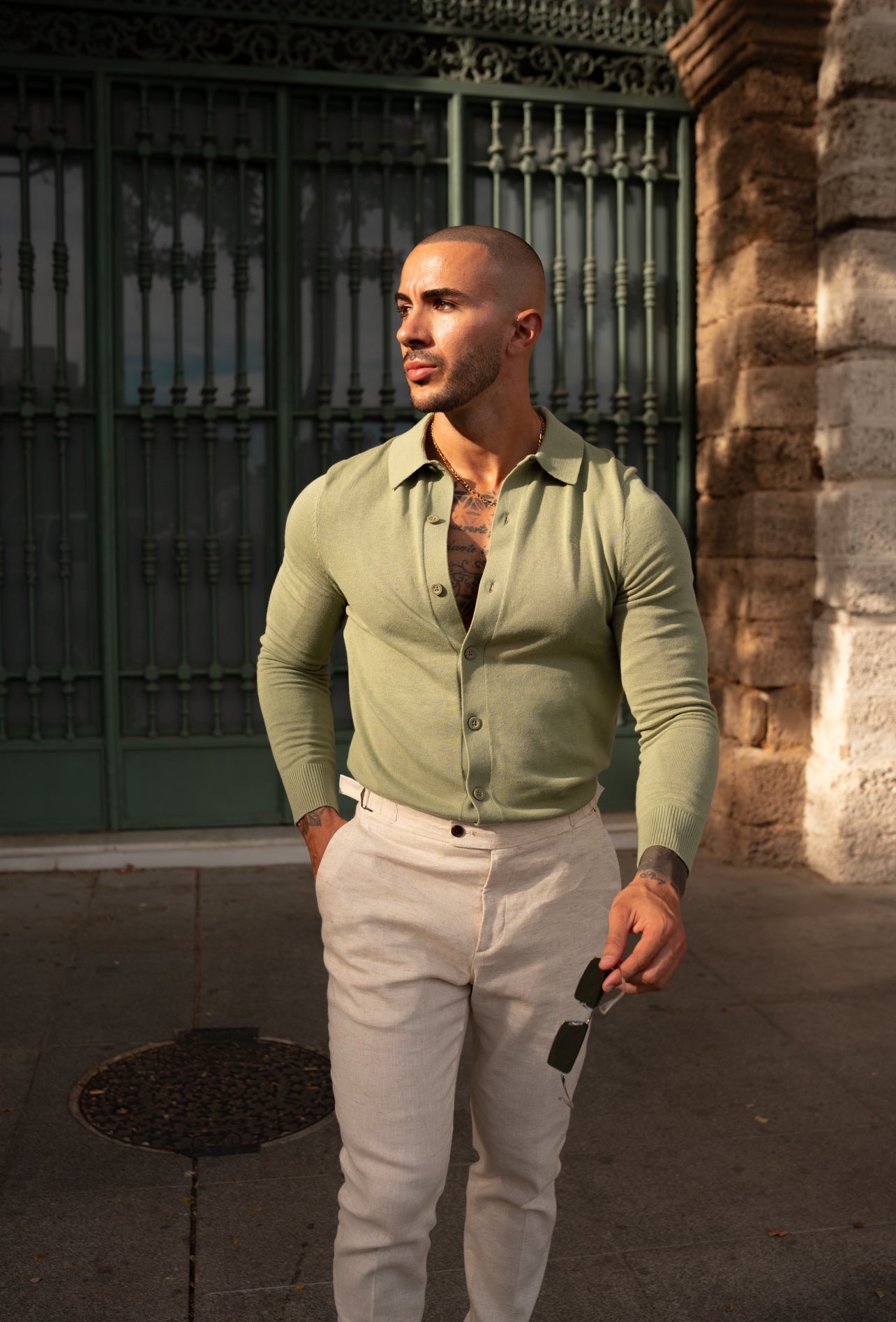 Classic Plain Olive Knitted Button Through Polo Long Sleeve - FSN170
