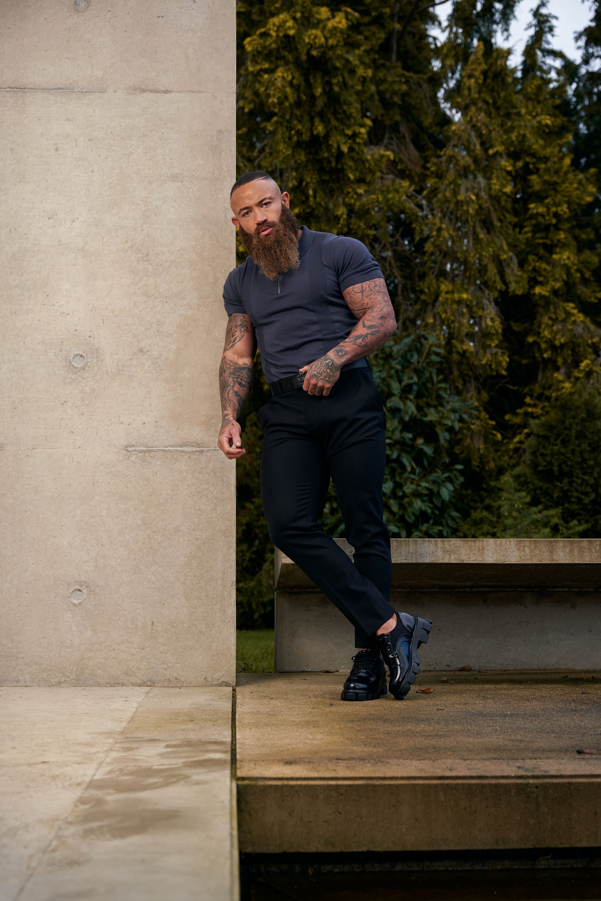 Classic Gunmetal and Silver Zip Knitted Polo Shirt Short Sleeve - FSN133
