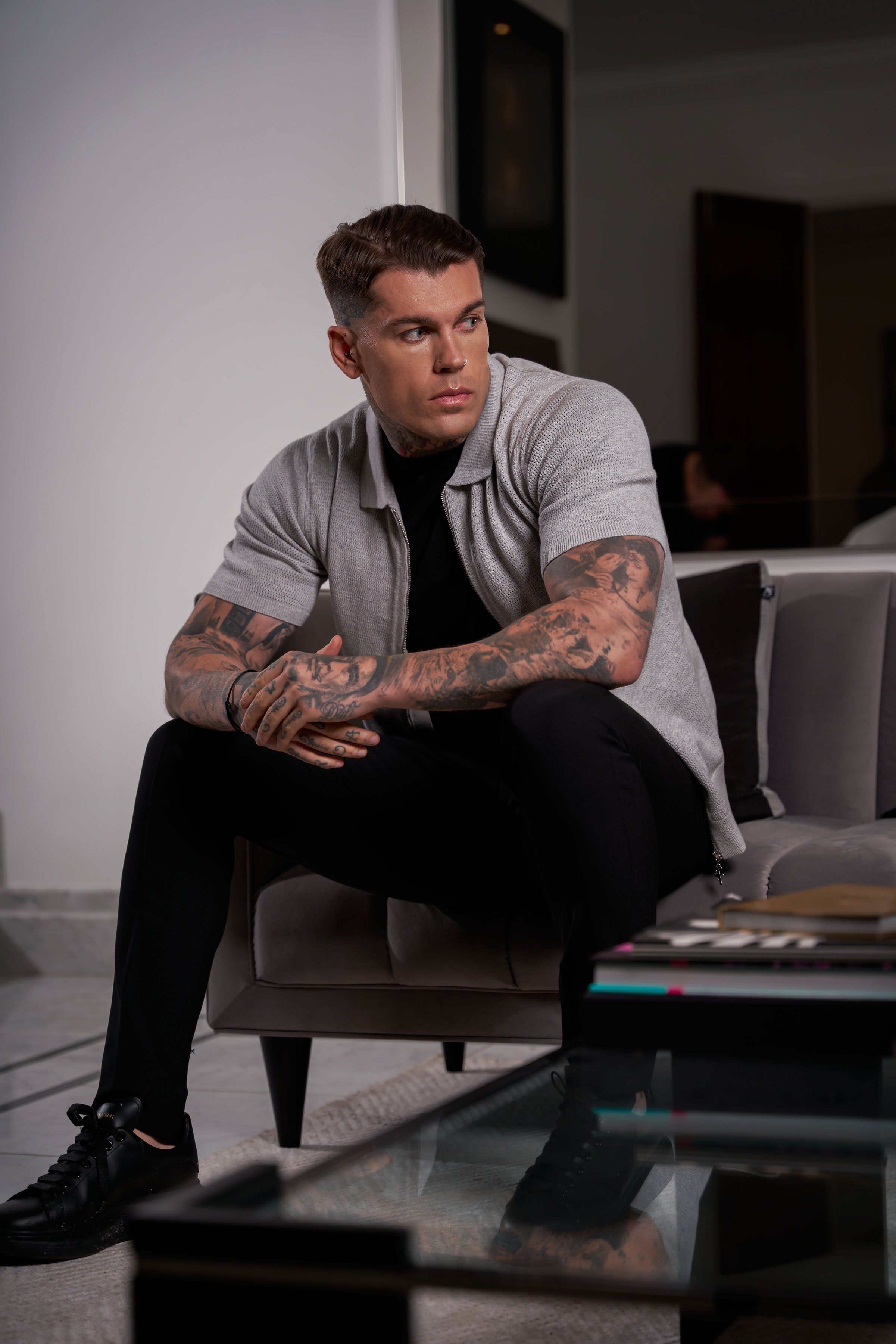 Classic Knitted Textured Design With Full Length Zip Light Grey Short Sleeve - FSN154