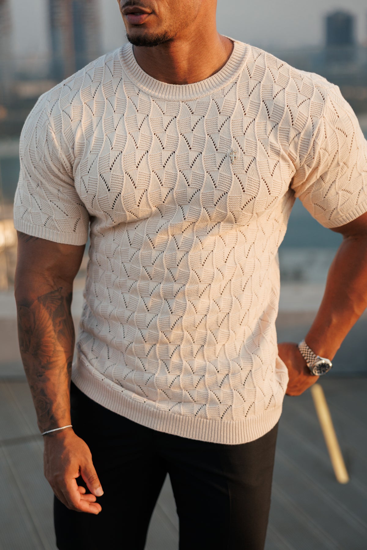 Beige Wave Weave Knit Short Sleeve Sleeve T-Shirt - FSJ171