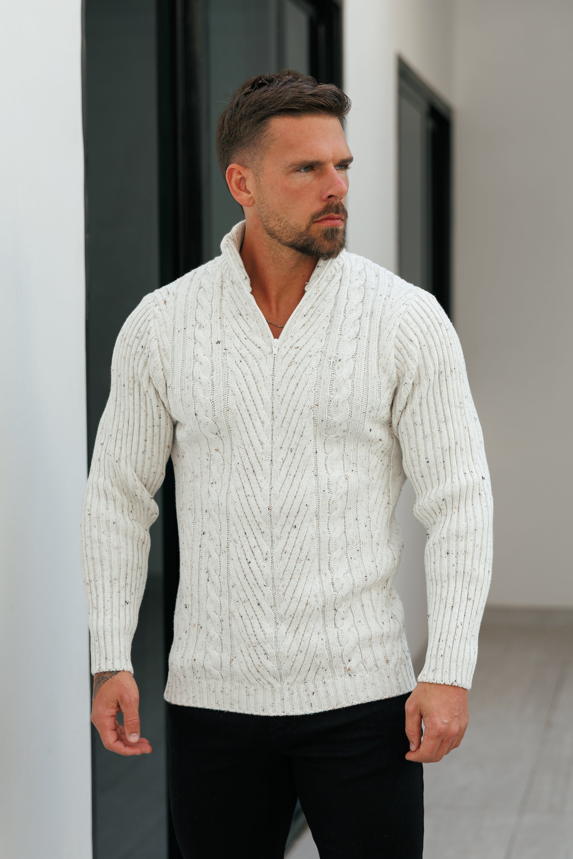 Funnel Neck Jumper with Quarter Zip Beige Fleck - FSJ156