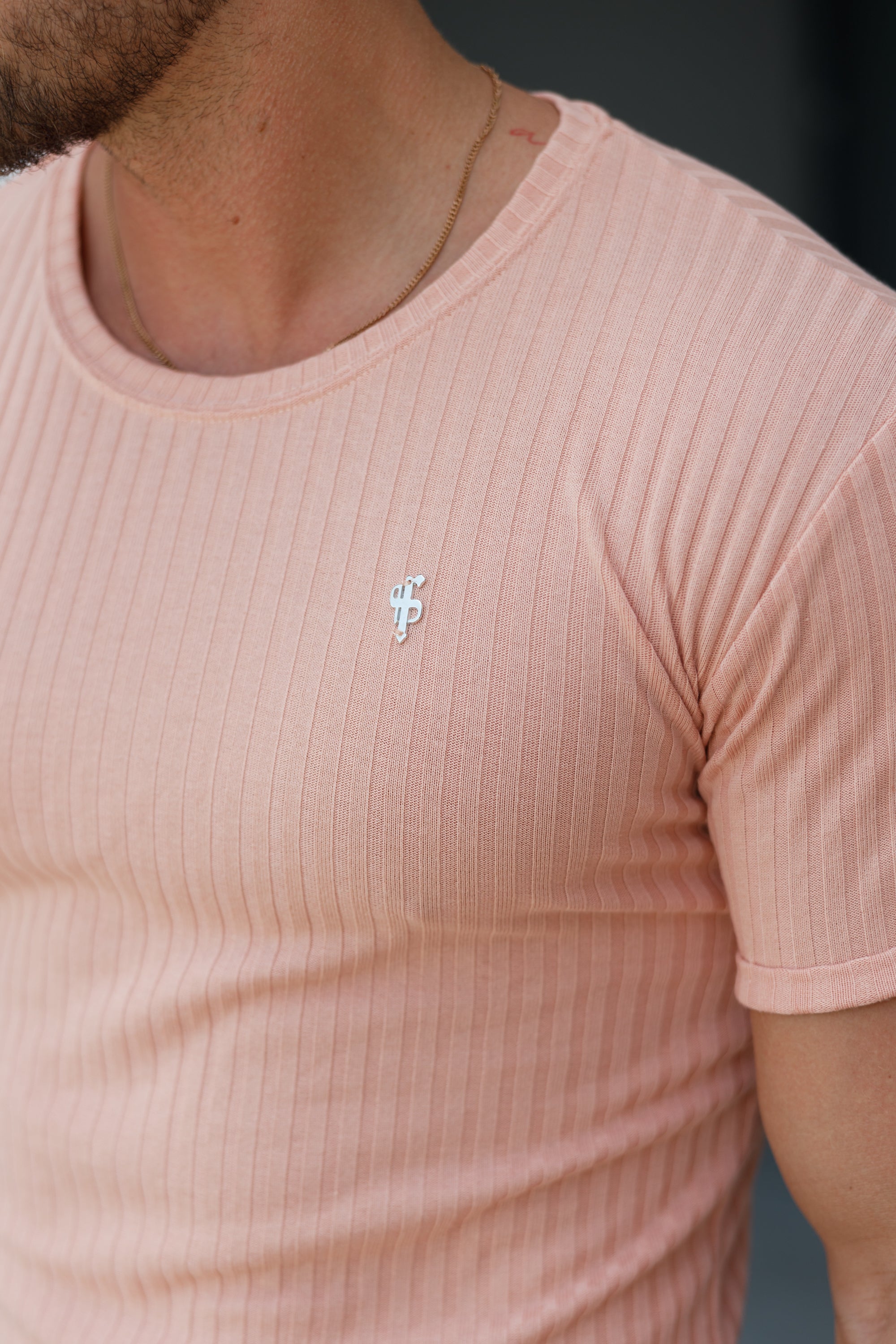 Classic Peach / Silver Ribbed Knit Super Slim Short Sleeve Crew - FSH1093