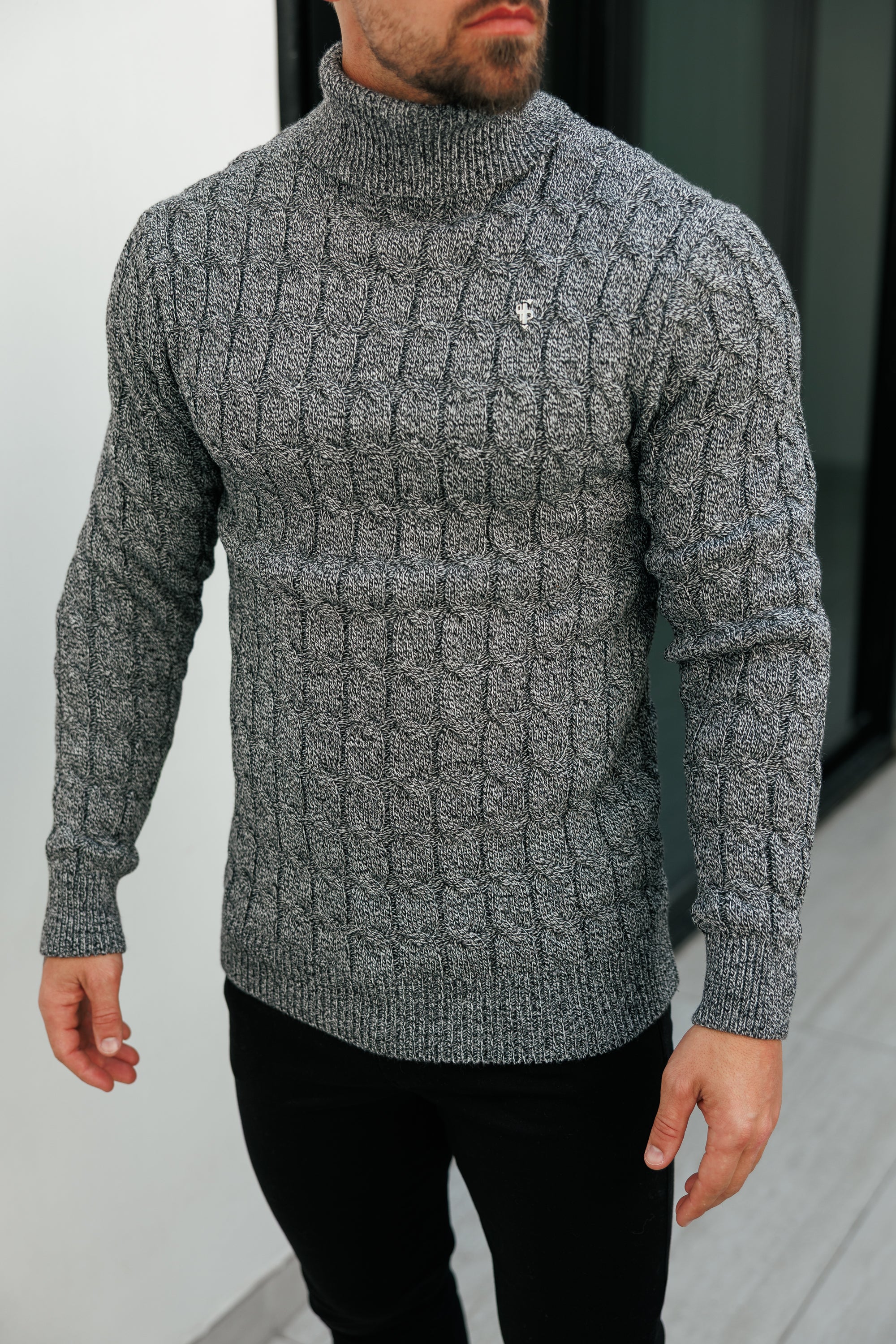 Link Weave Knit Black / White Two Tone Roll Neck Jumper - FSJ140