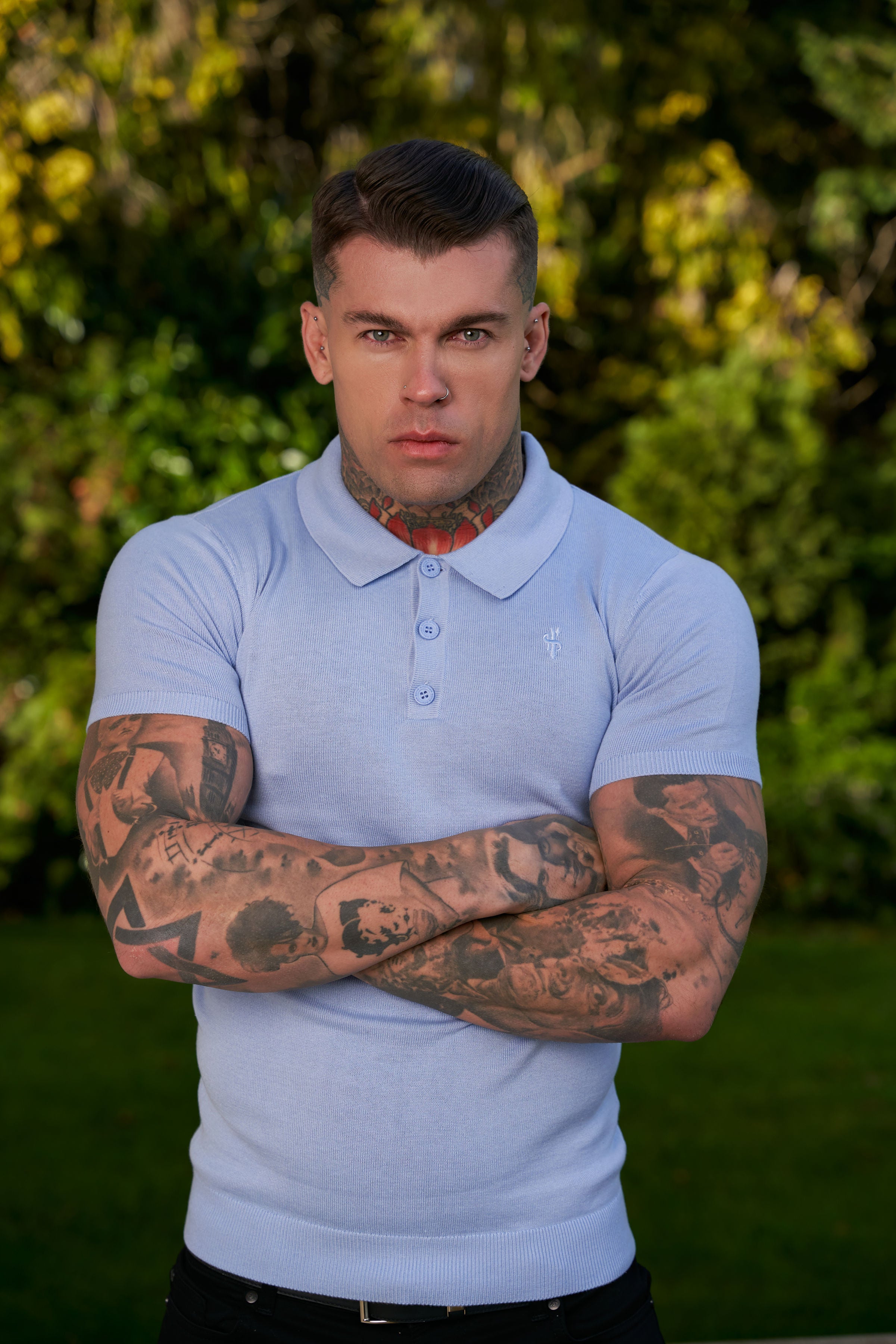Classic Pale Blue Knitted Polo Jumper Short Sleeve With Tonal FS Embroidery- FSN146