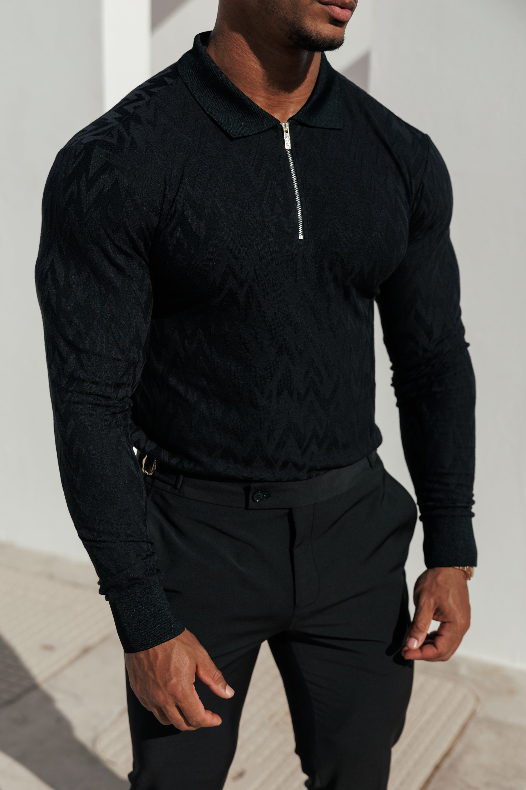 Classic Jacquard Black Chevron Zipped Polo Long Sleeve - FSR043