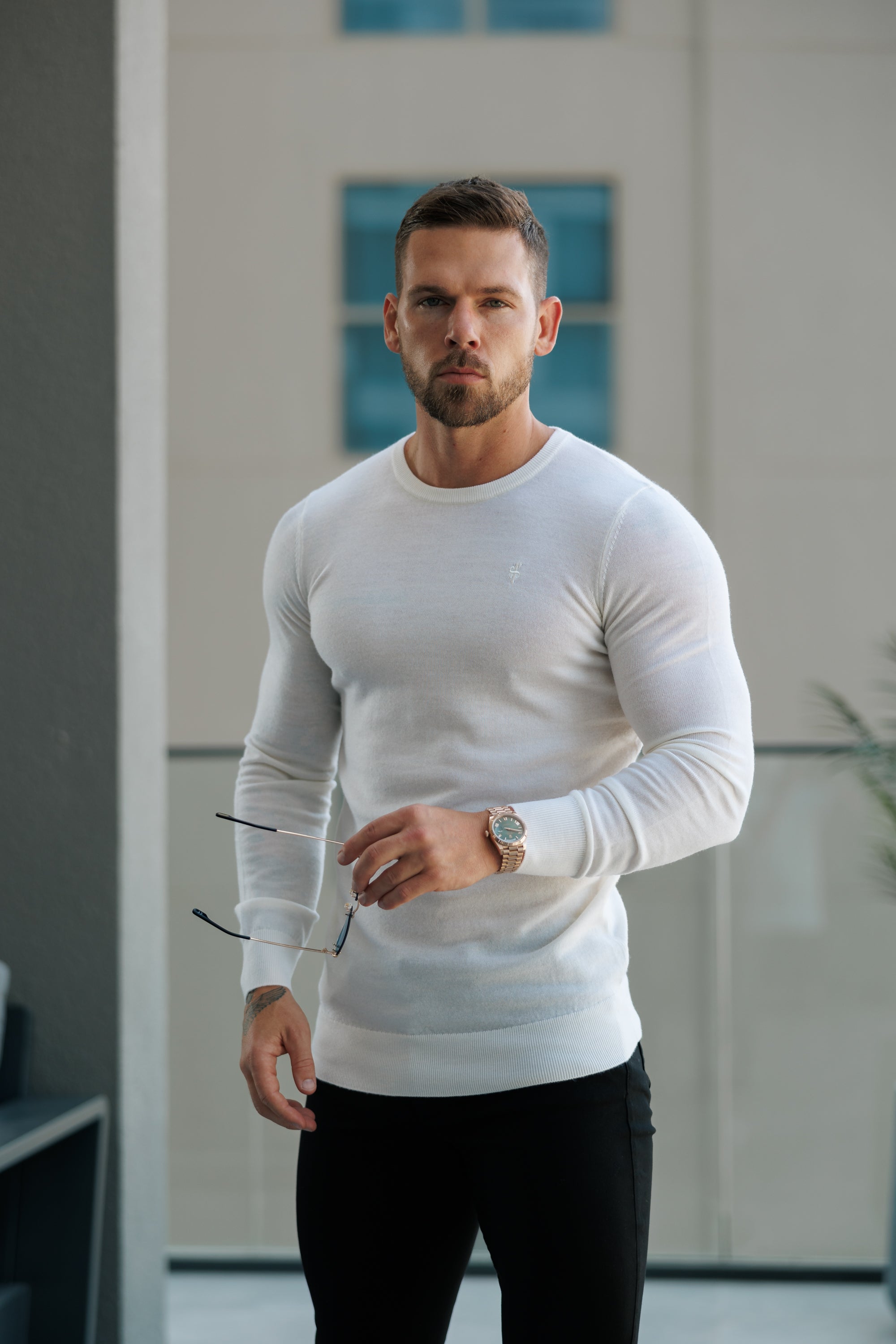 Merino Wool Knitted Crew Jumper Cream - FSN179