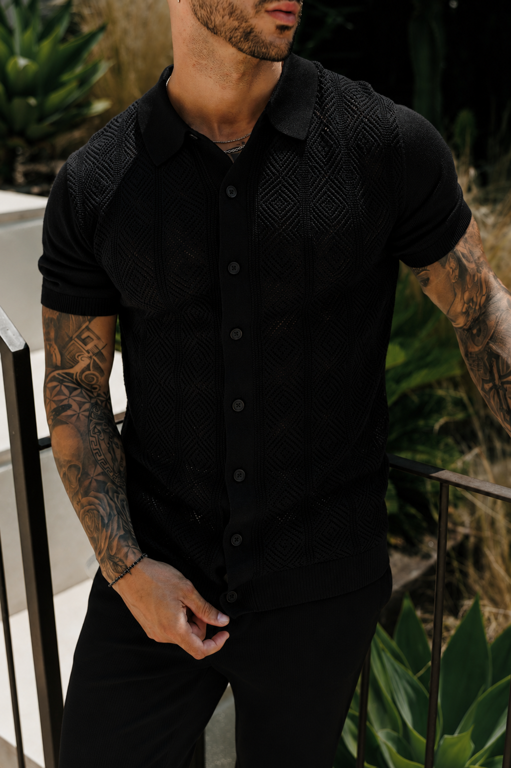 Black Diamond Stripe Perforated Shirt Short Sleeve - FSA022 (PRE ORDER 31ST AUGUST)