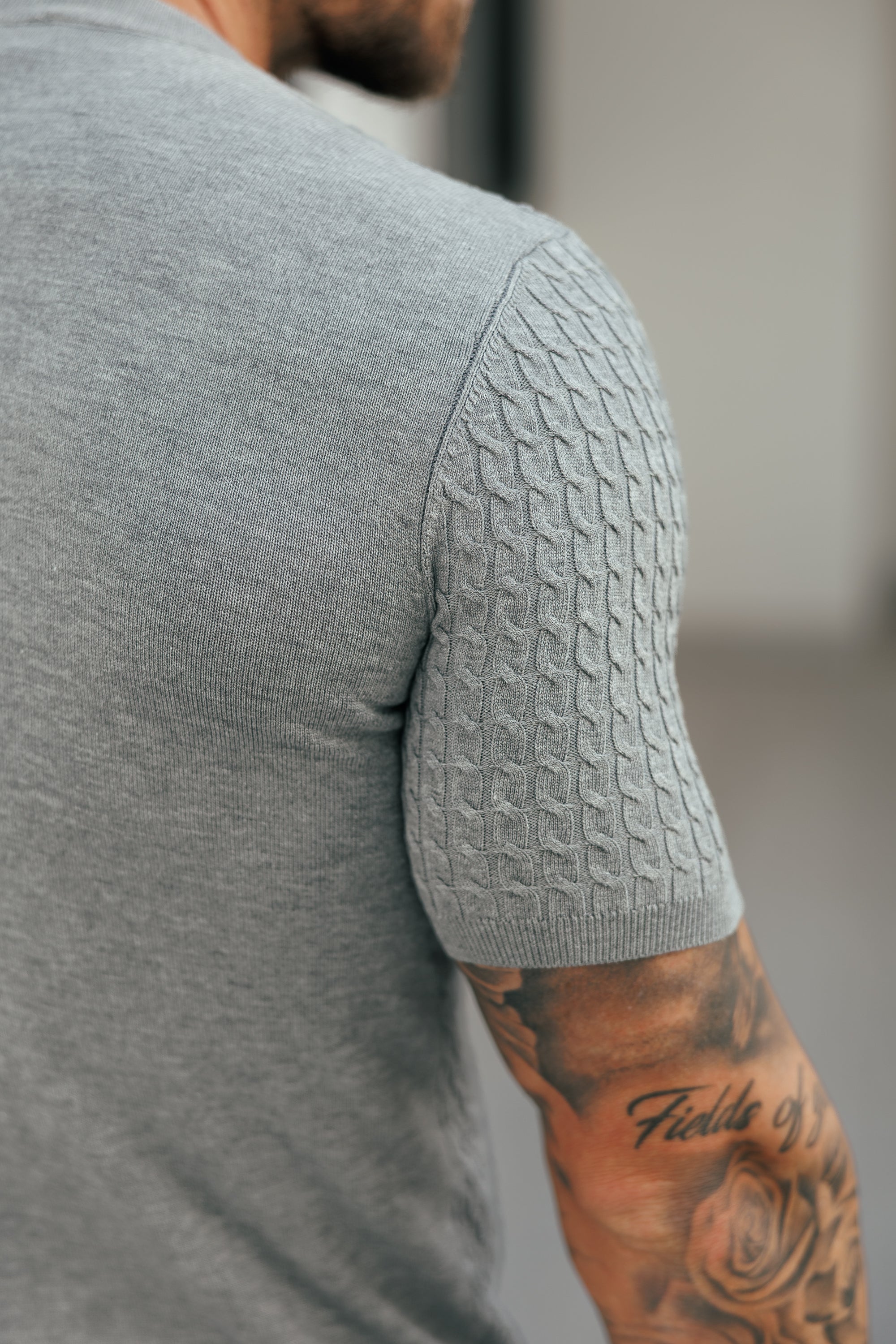 Front Chain Knit Crew T-Shirt Light Charcoal Short Sleeve - FSR058
