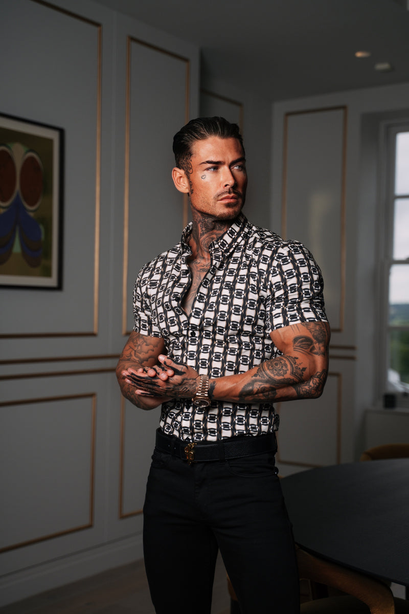 Father Sons Super Slim Stretch Black / Cream / Taupe Link Print Short Sleeve with Button Down Collar - FS849