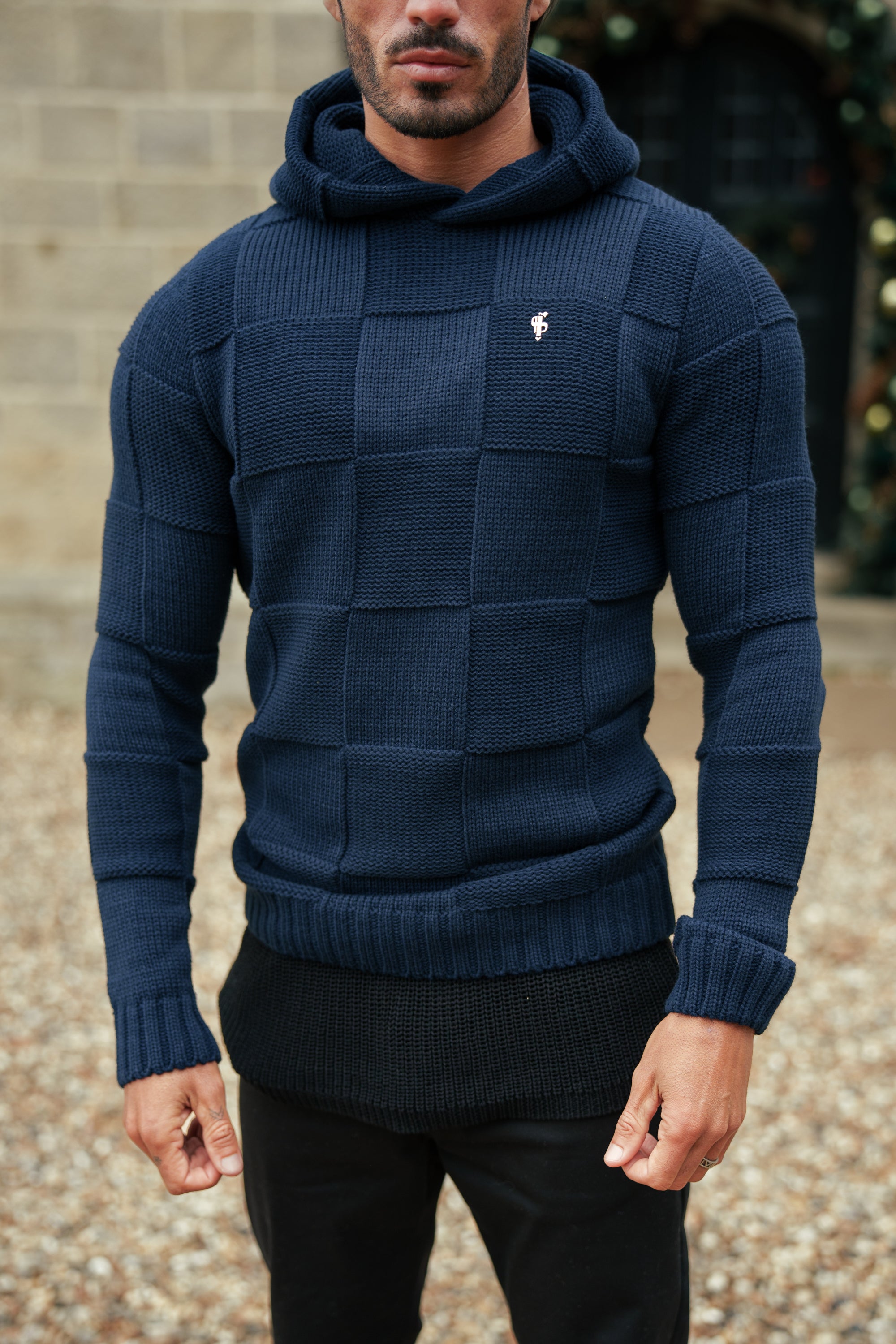 Navy Checkerboard Knitted Hoodie - FSJ138