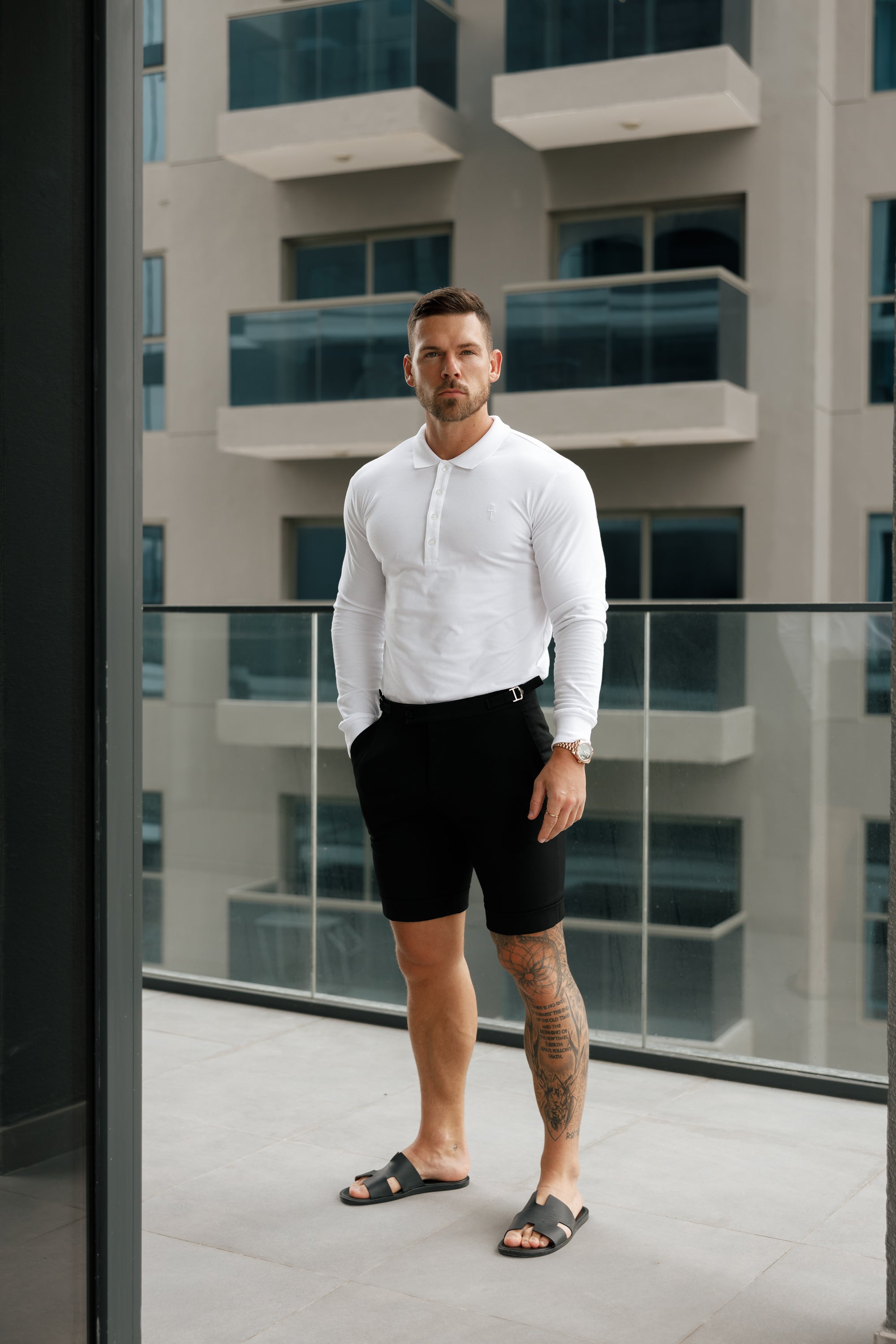 Classic White Tonal Polo Long Sleeve Shirt - FSH858