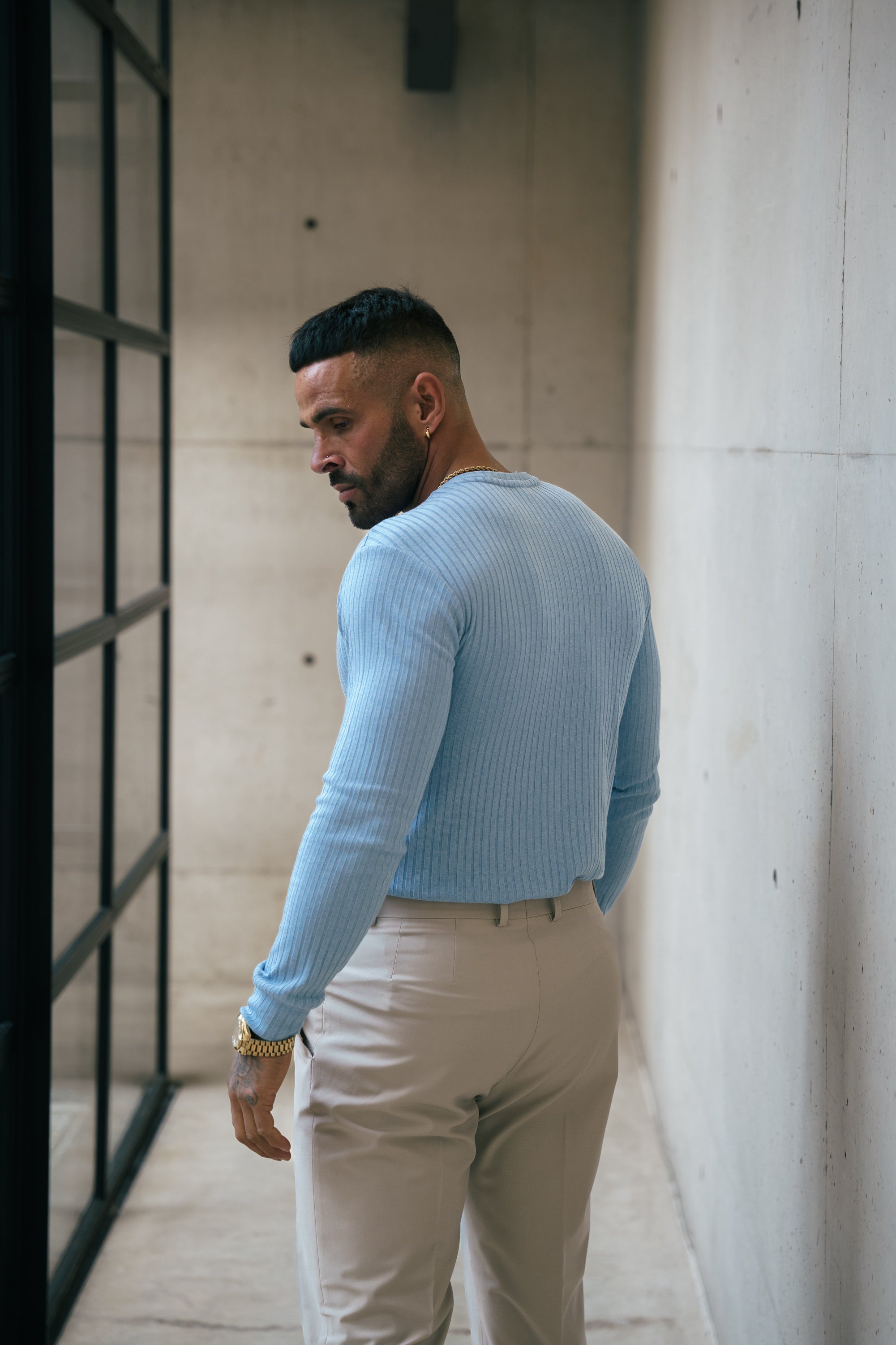 Classic Light Blue Ribbed Knit Jumper With Tonal Embroidery - FSH1286