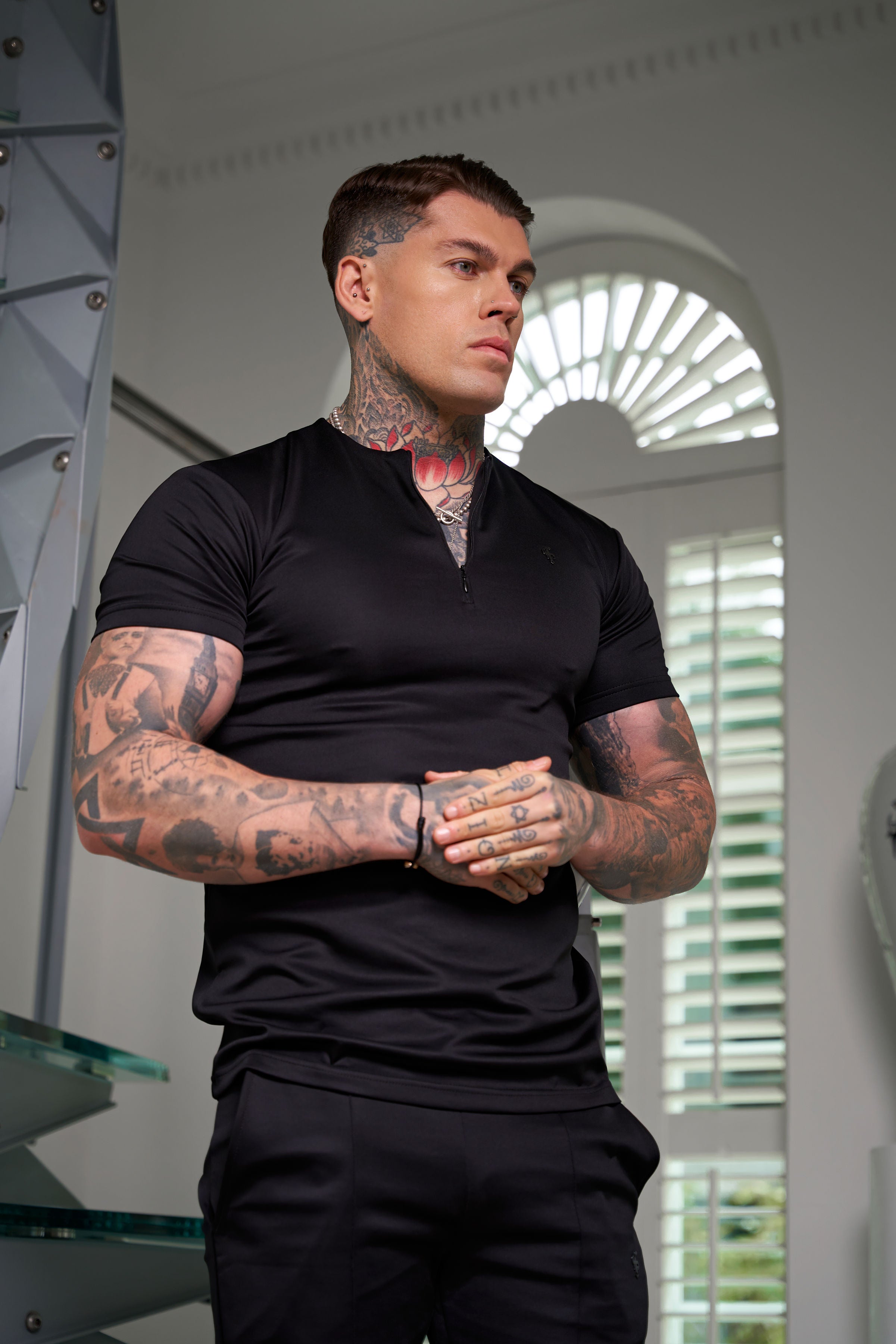 Scuba Black Crew T Shirt With Zip Detail Short Sleeve - FSH1031