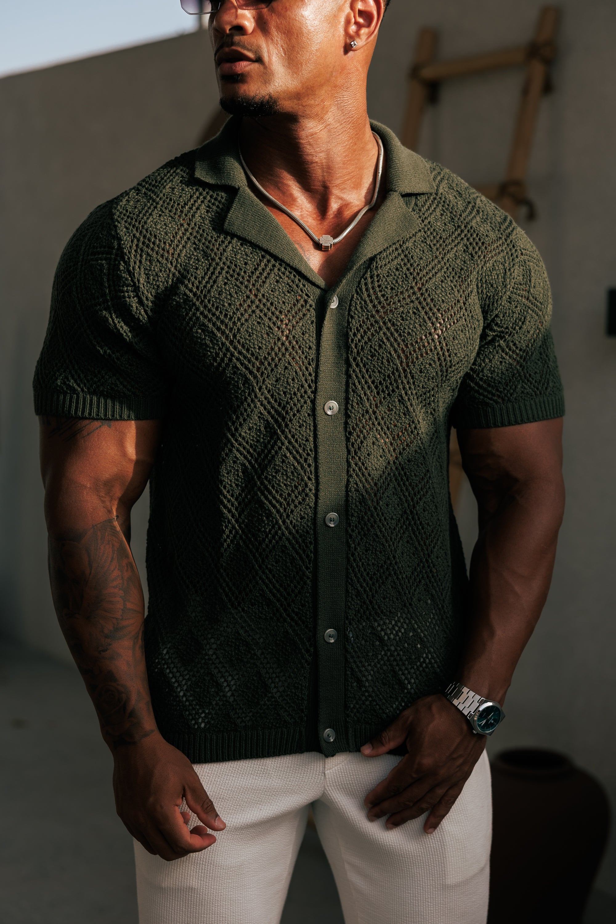 Crochet Shirt Deep Olive Short Sleeve - FSJ081