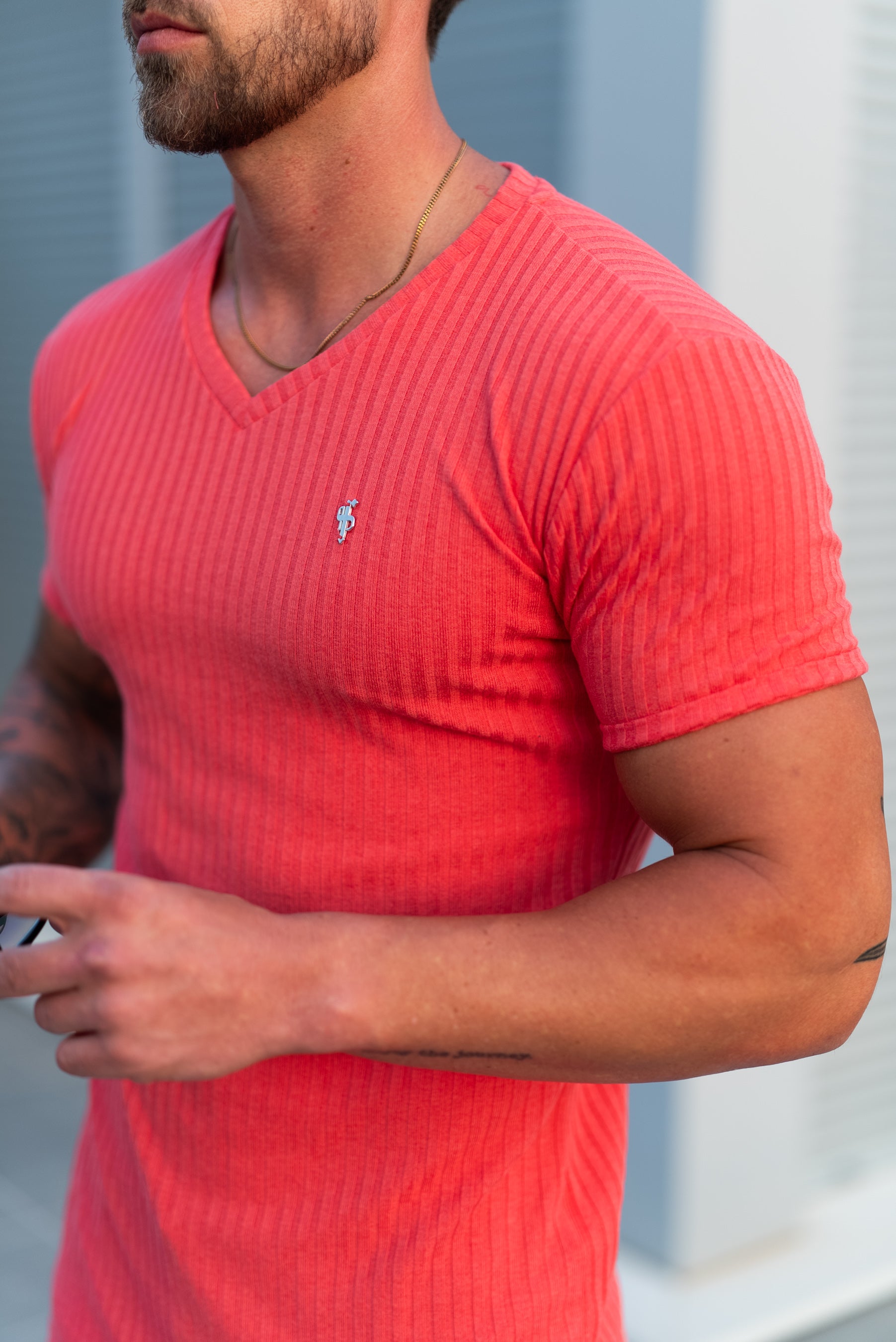 Super Slim Coral / Silver V Neck Ribbed Crew - FSH1365