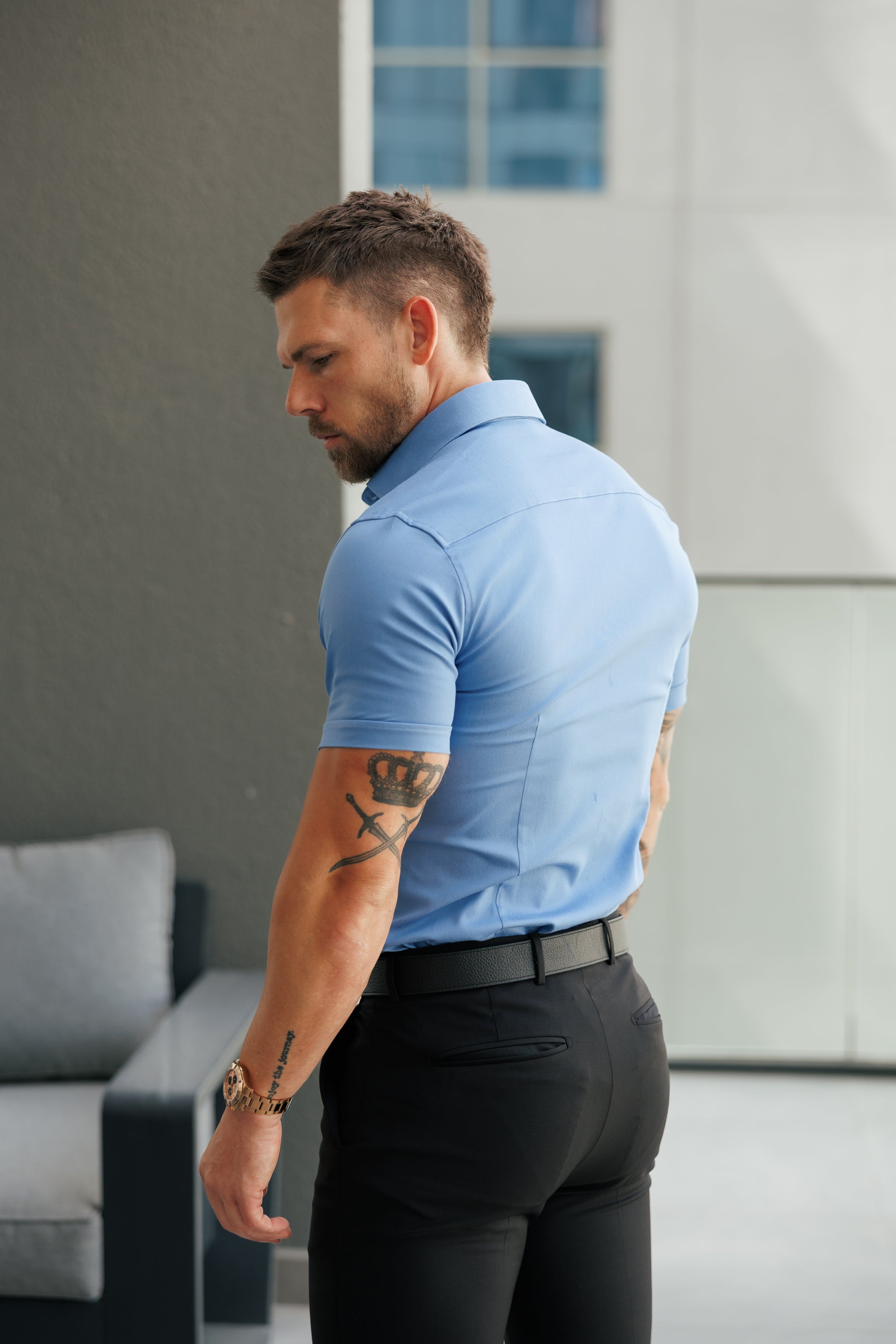 Super Slim Stretch Light Blue Denim Short Sleeve with Cutaway Collar- FS1152