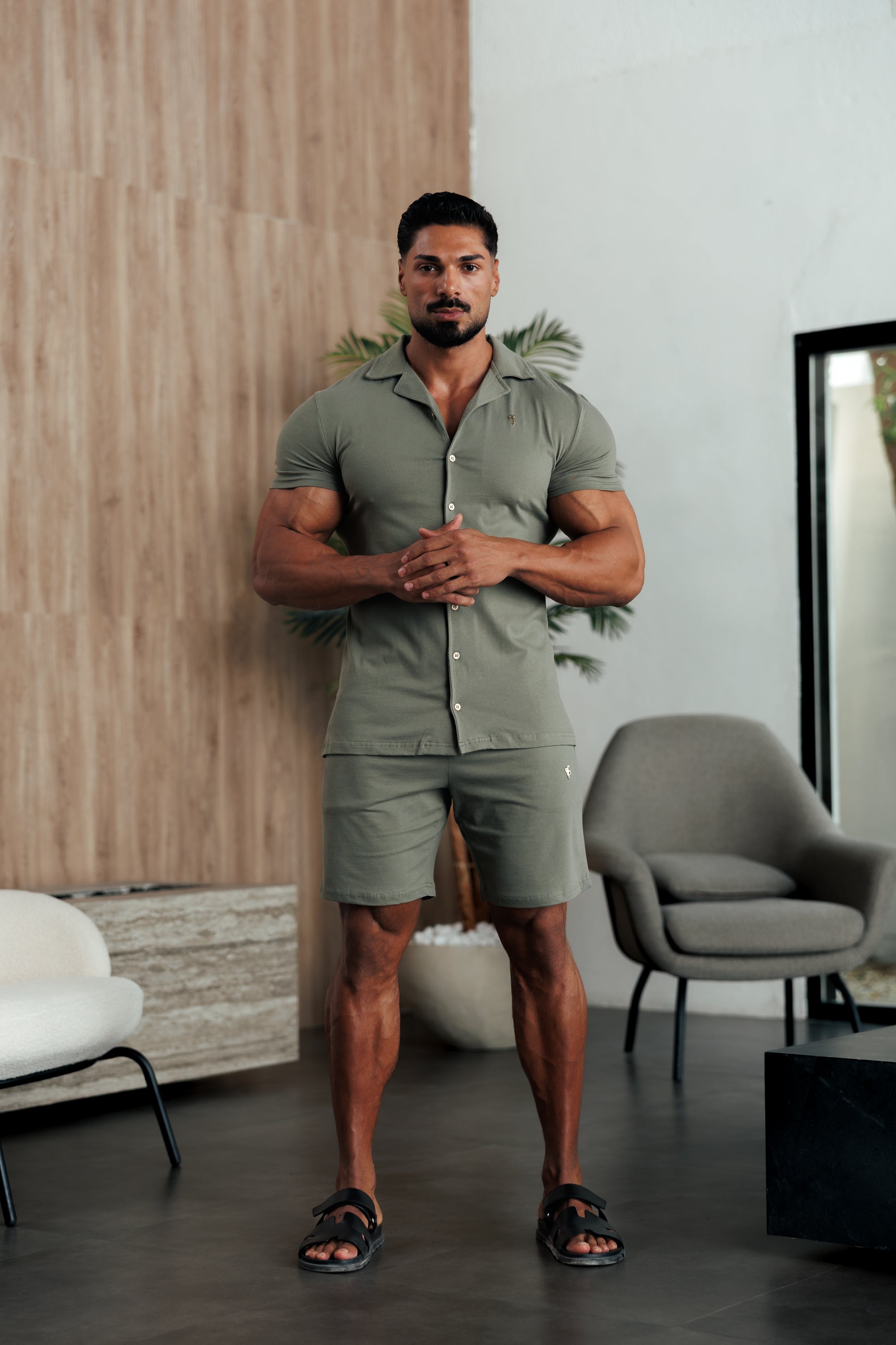 Stretch Olive / Gold Pique Revere Shirt Short Sleeve - FSH1387