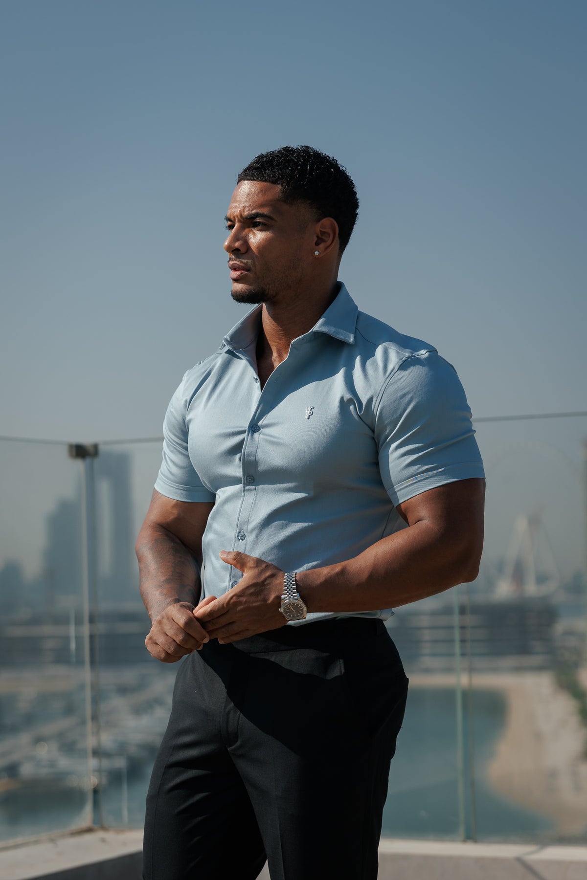 Super Slim Stretch Steel Blue Denim Short Sleeve with Silver Metal Decal and Cutaway Collar - FS1321