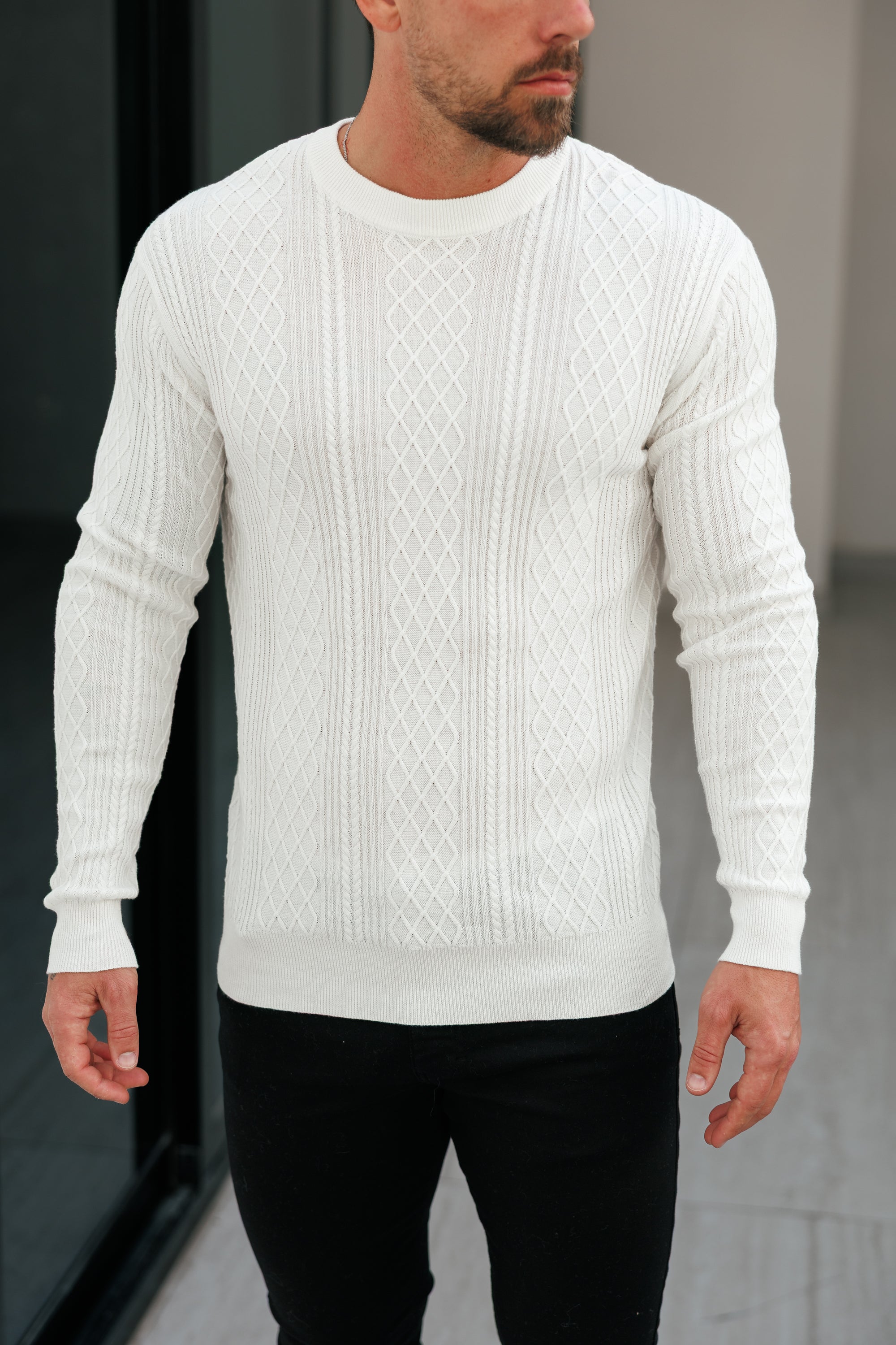 Fine Knit Diamond Off White Jumper Long Sleeve - FSA005