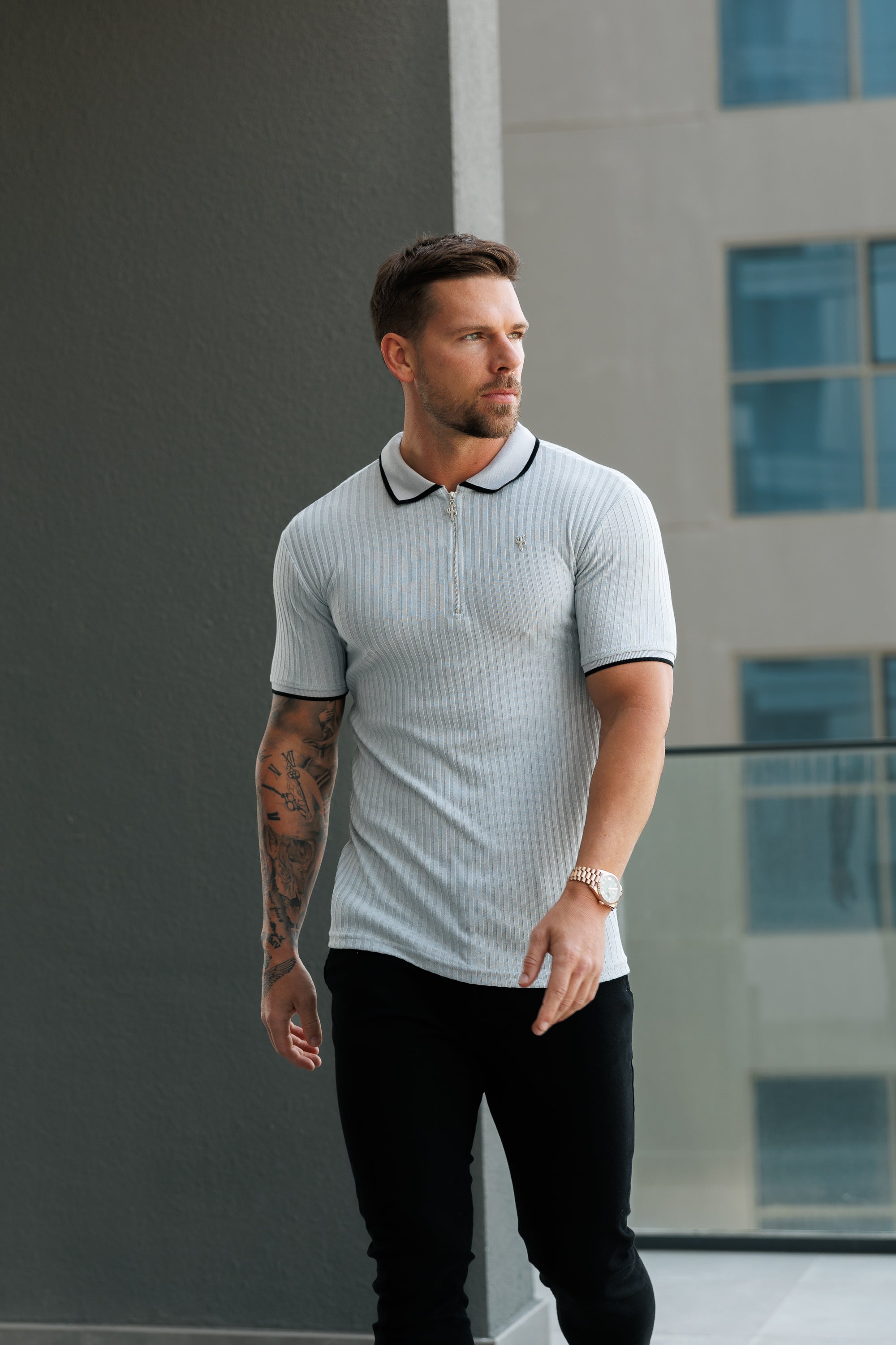 Classic Grey Ribbed Zip Polo with Contrast Short Sleeve - FSH1108