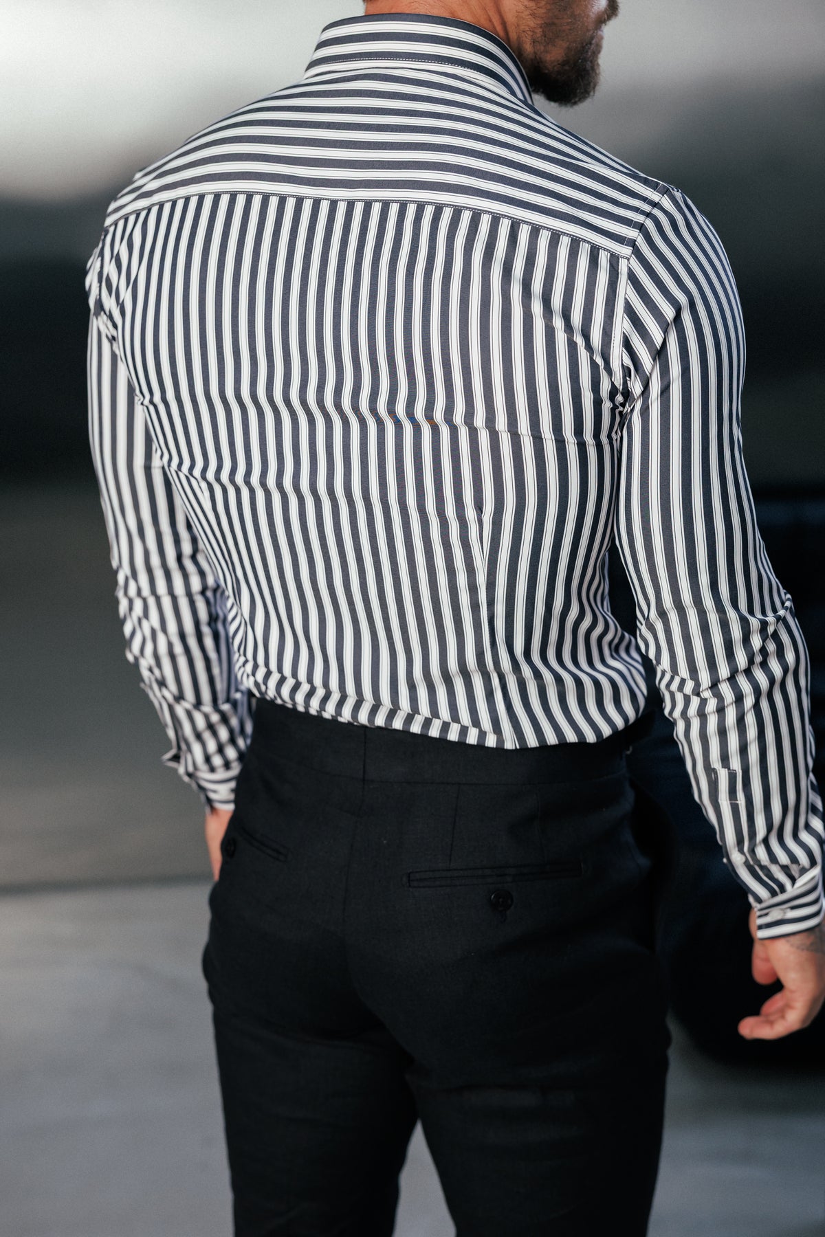 Super Slim Stretch Sateen Touch White / Navy Double Stripe Long Sleeve - FS1287