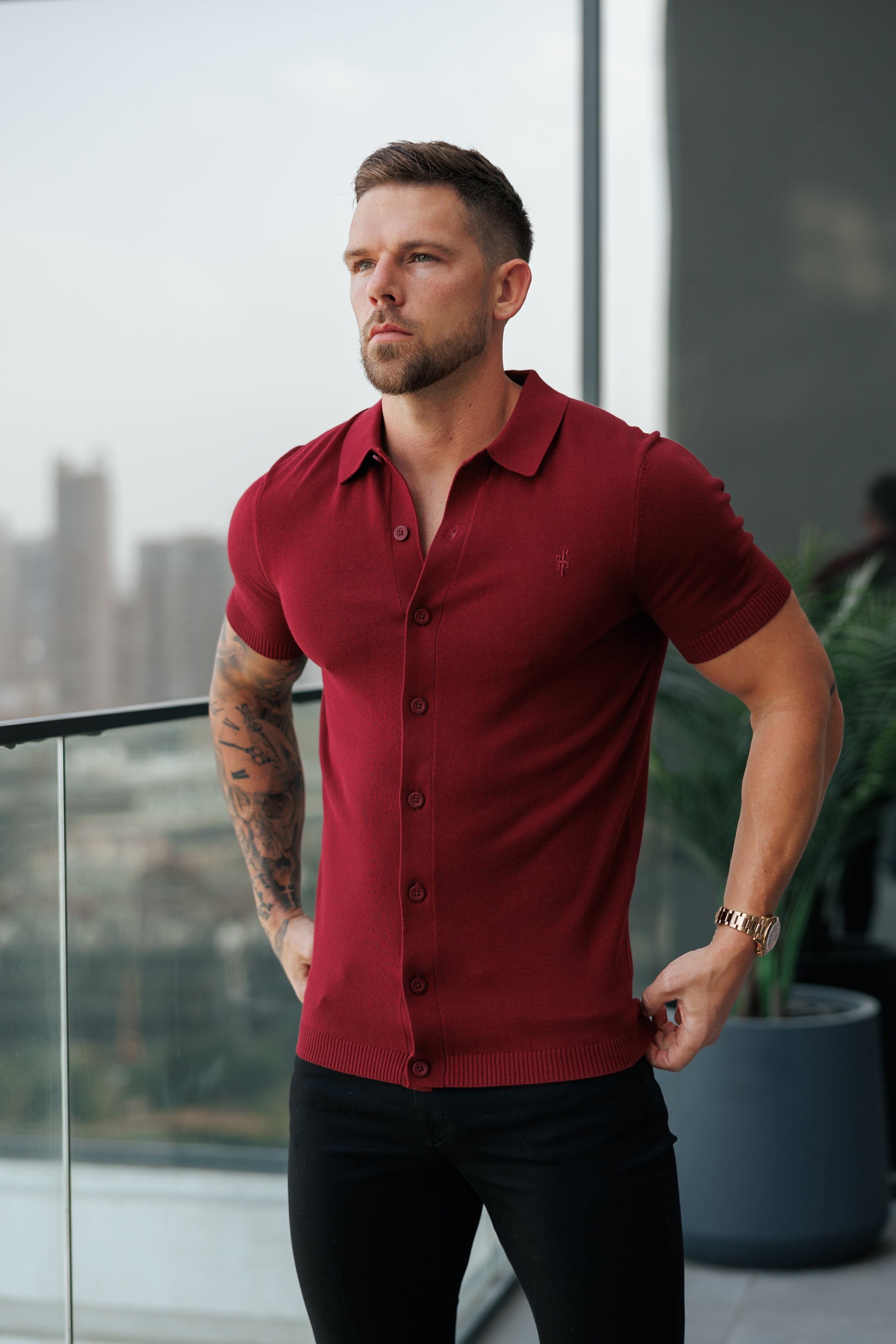 Classic Plain Burgundy Knitted Button Through Polo Short Sleeve - FSN217