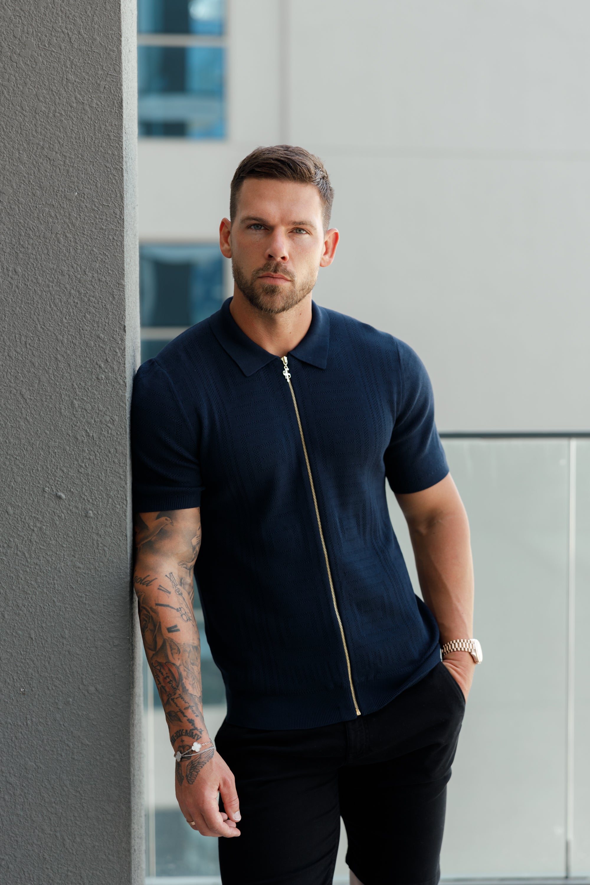 Classic Knitted Geo Design With Full Length Zip Navy Short Sleeve - FSN149