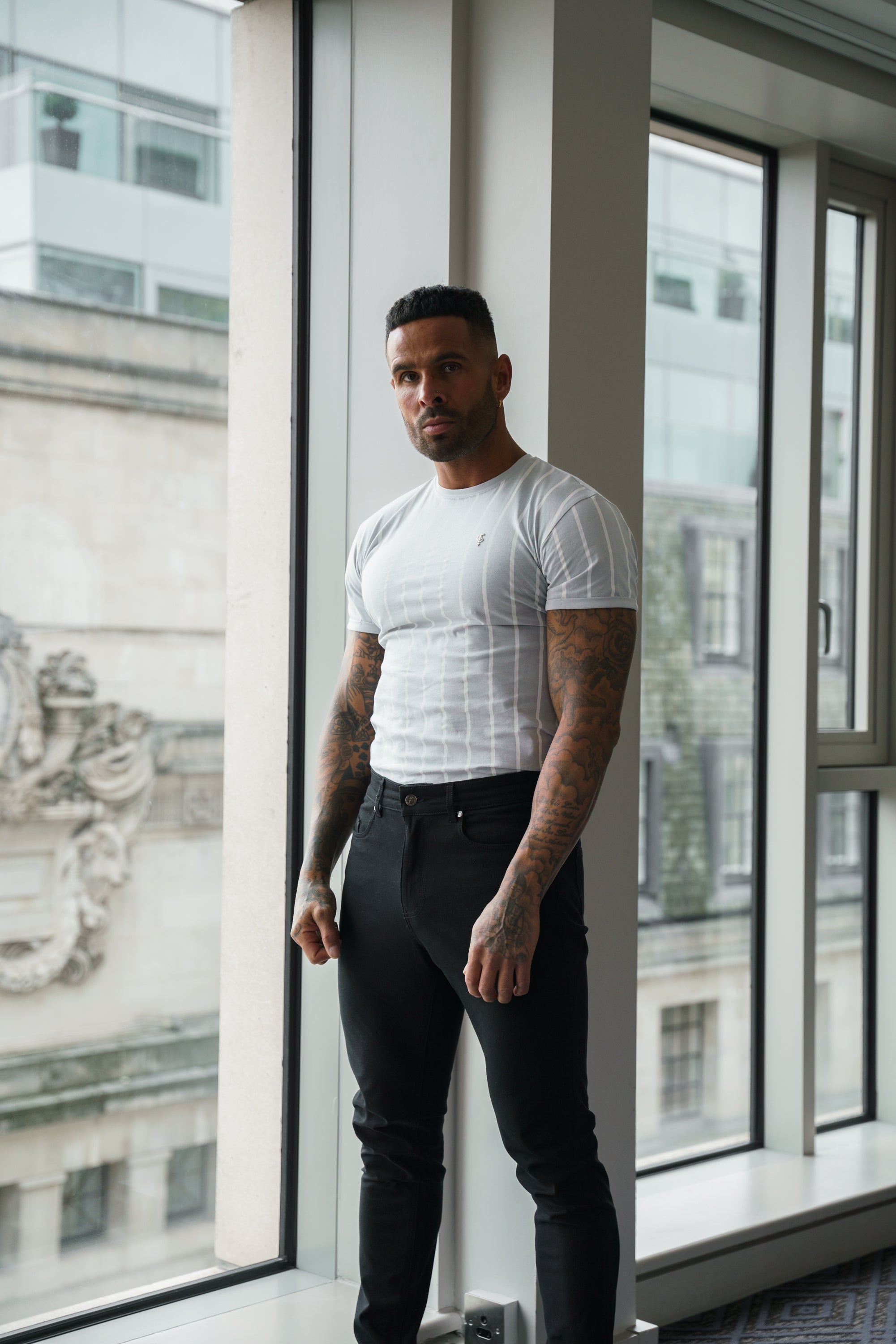 Printed Light Grey / White Stripe Fitted T Shirt - FSH1172