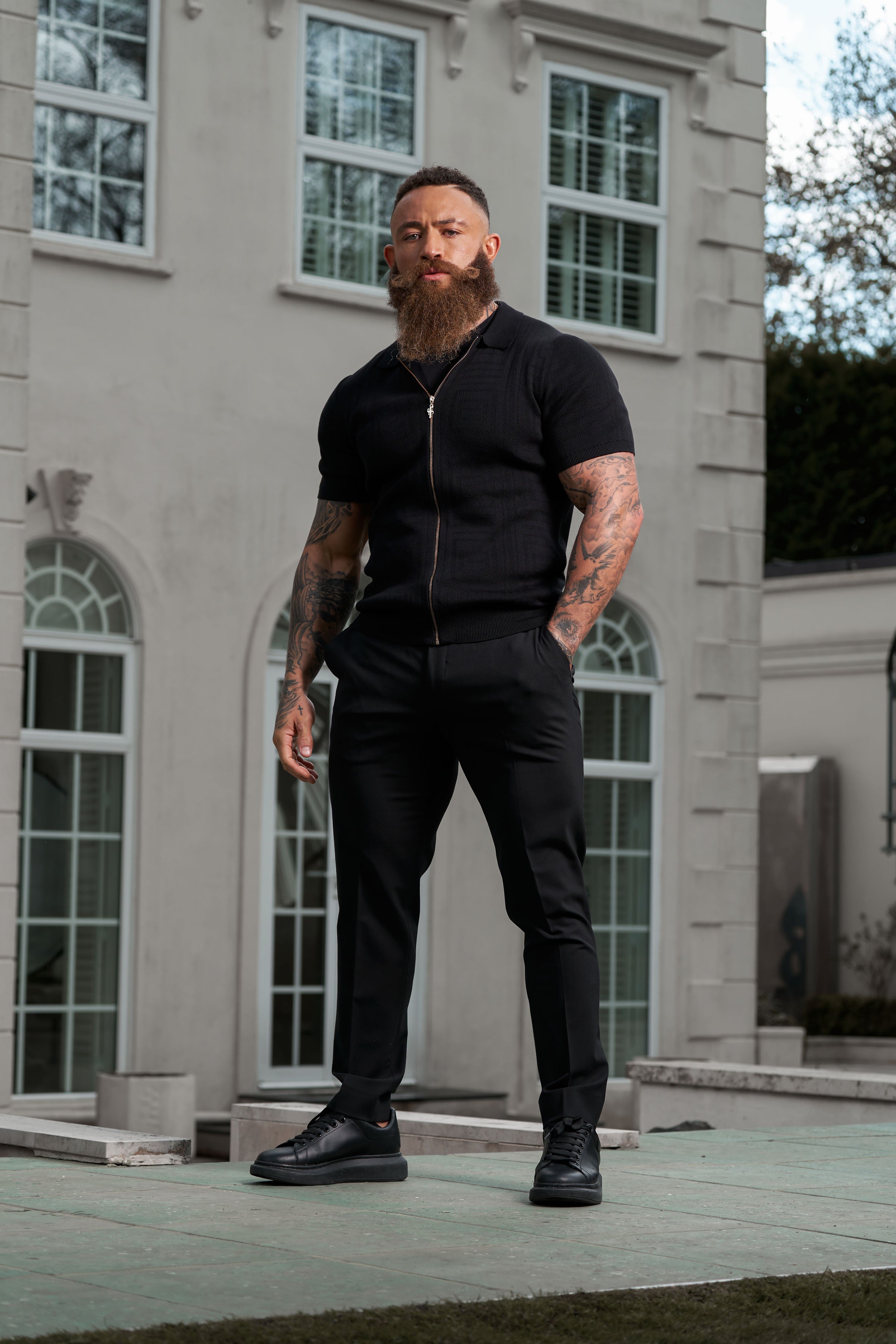 Classic Knitted Geo Design With Full Length Zip Black Short Sleeve - FSN147
