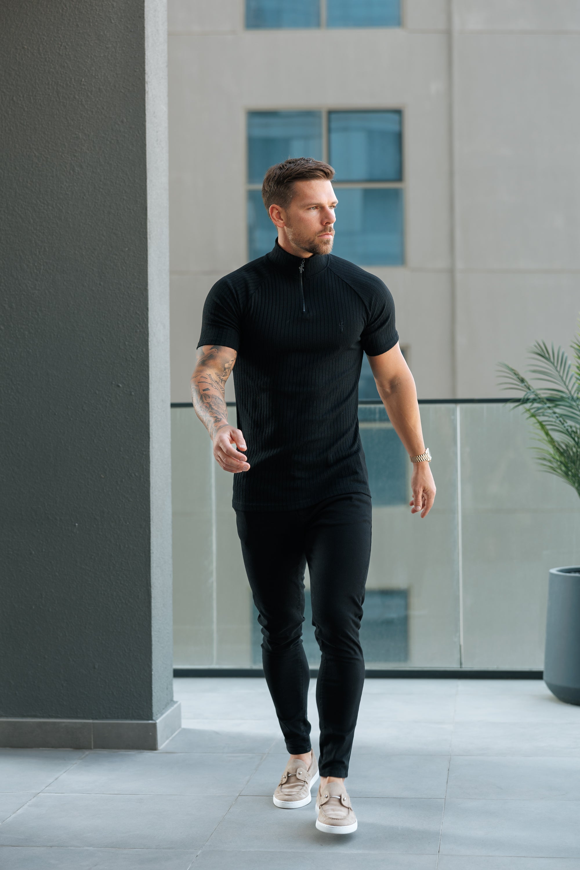 Classic Black Ribbed Zip Funnel Neck Raglan Short Sleeve Crew - FSH729