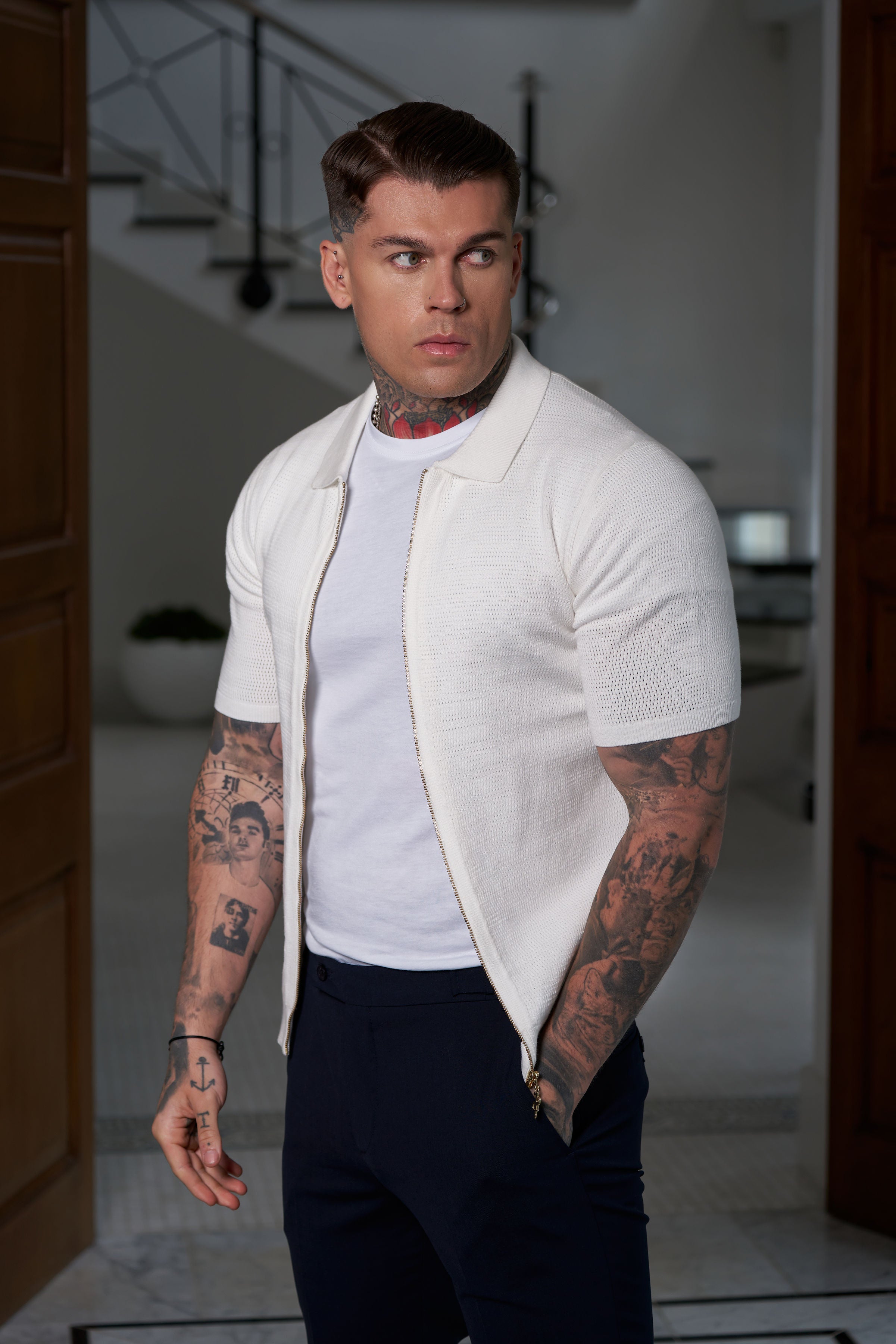 Classic Knitted Textured Design With Full Length Zip Off White Short Sleeve - FSN152