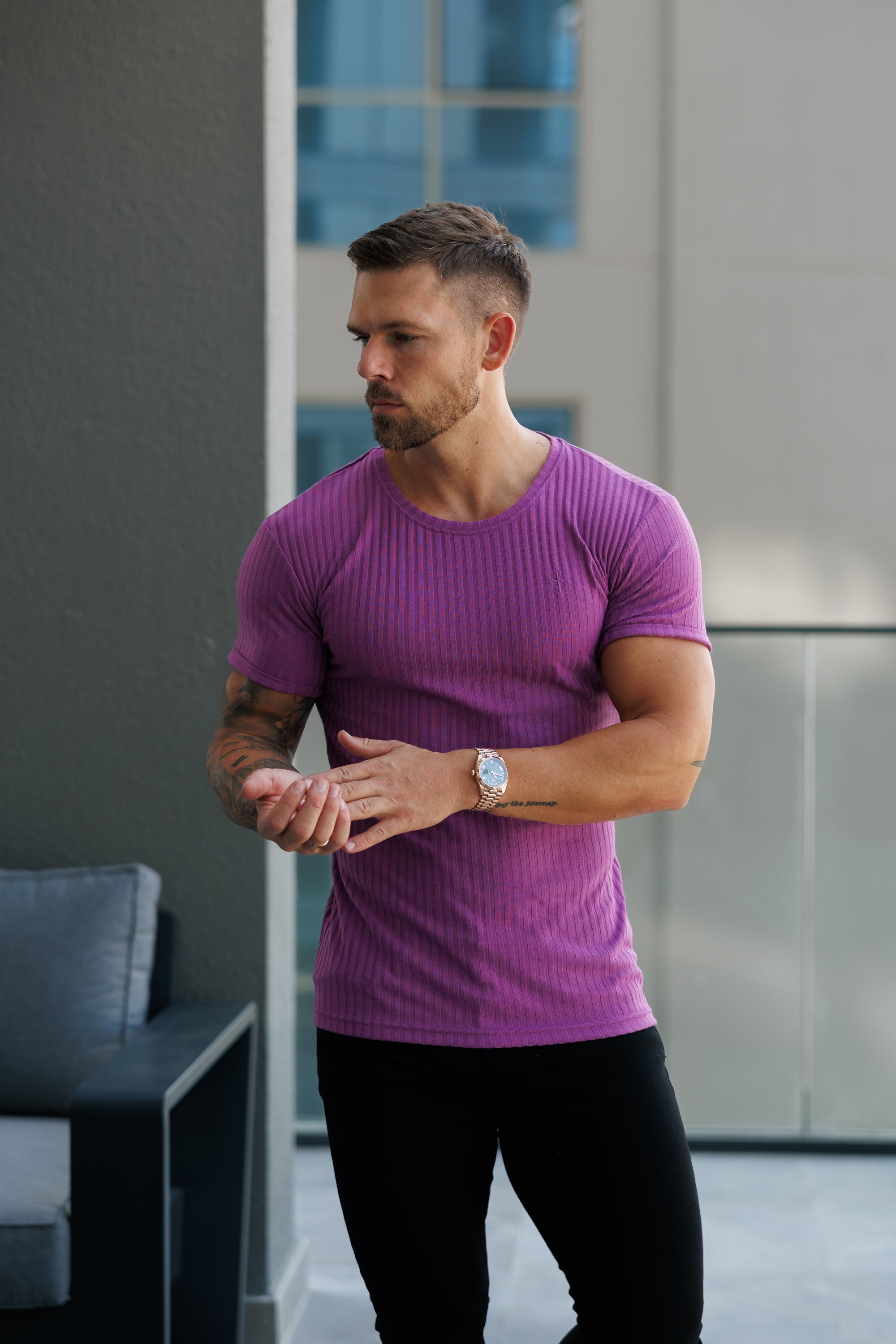 Classic Light Purple Ribbed Knit Super Slim Short Sleeve Crew - FSH1161