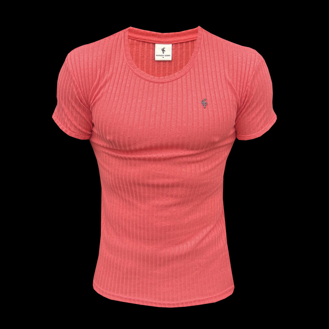 Classic Coral / Black Ribbed Knit Super Slim Short Sleeve Crew - FSH1086