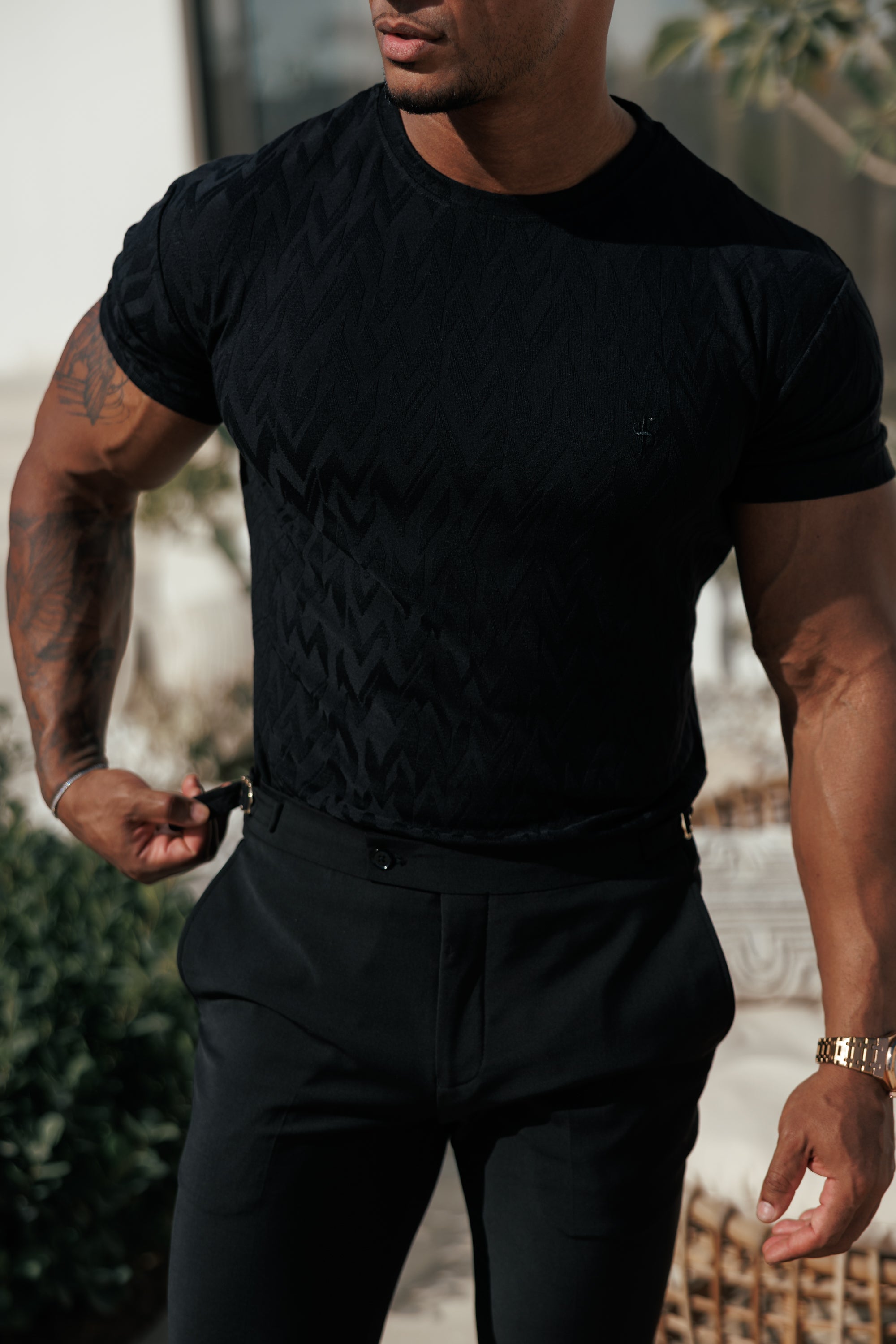 Regular Fit Jacquard Black Chevron T-Shirt - FSR046