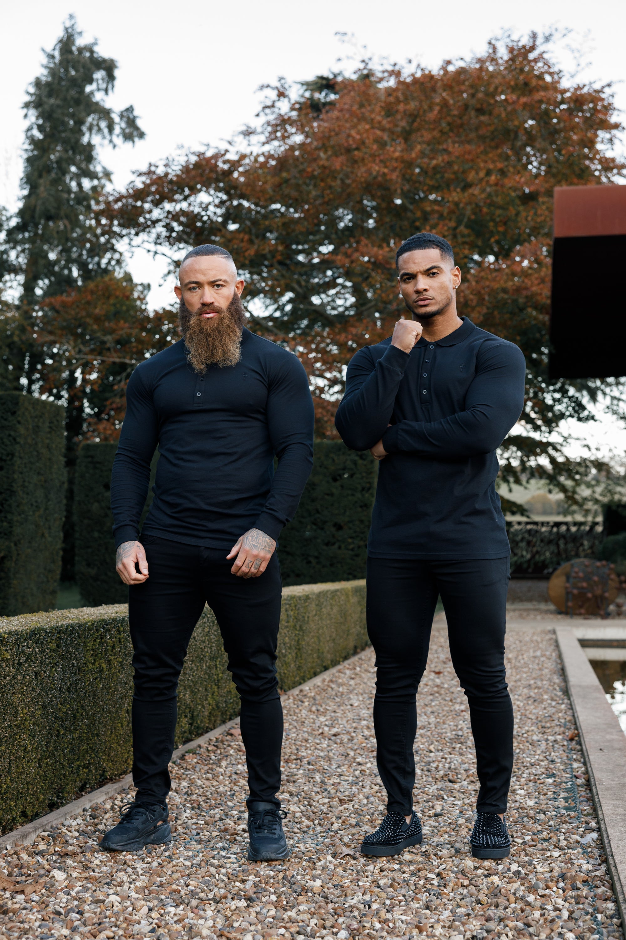 Classic Black Tonal Polo Long Sleeve Shirt - FSH857