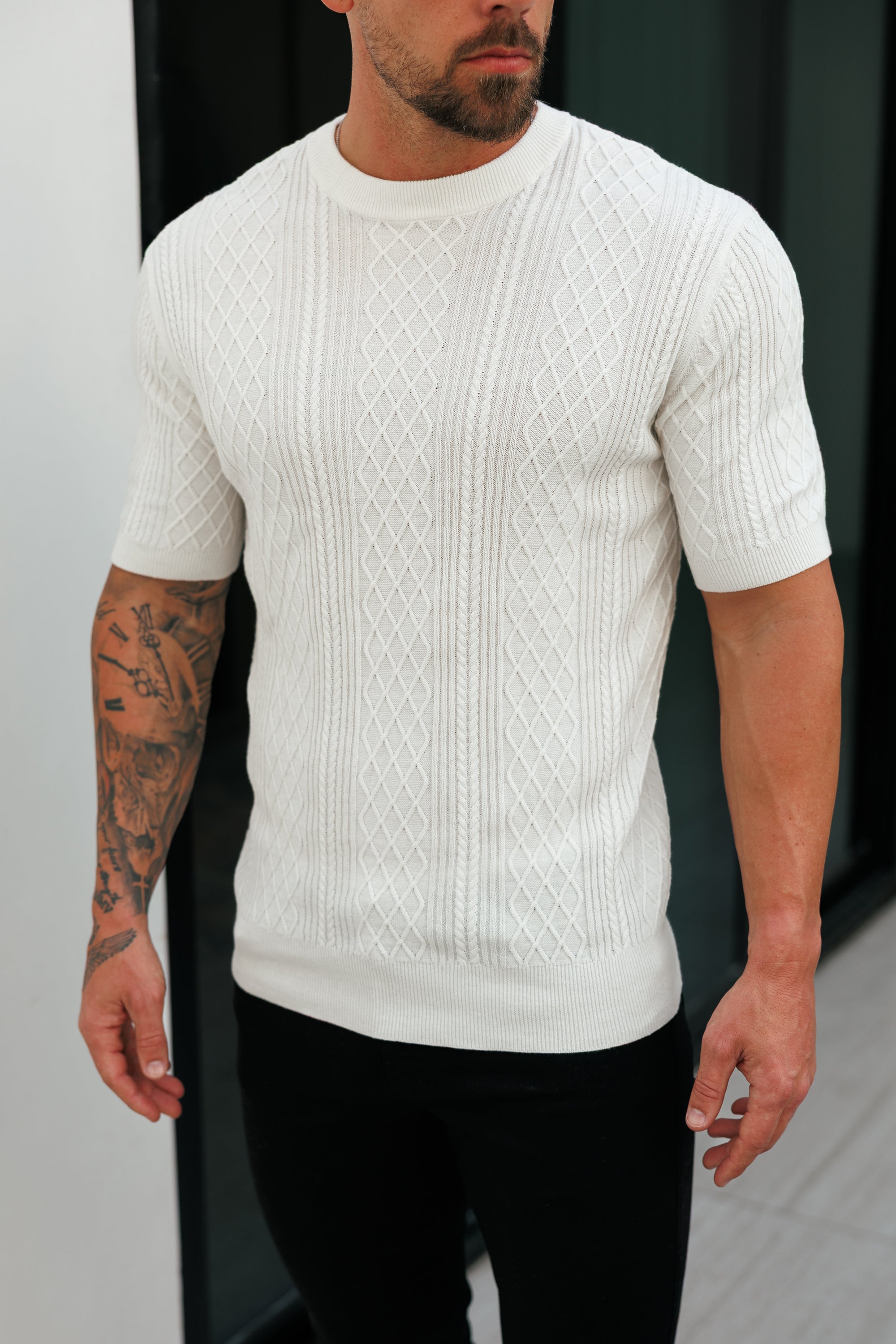 Fine Knit Diamond Off White Jumper Short Sleeve - FSA009