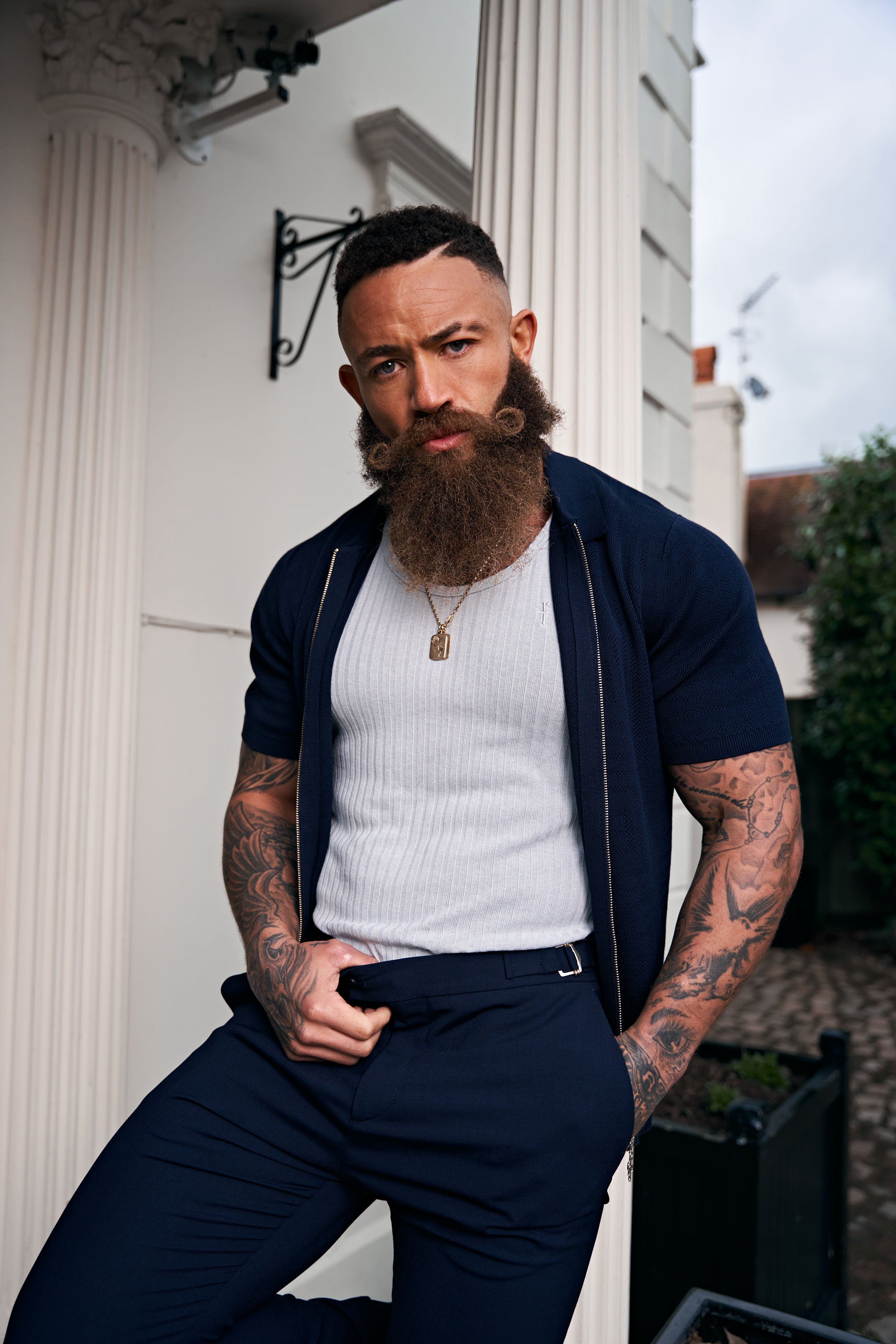 Classic Knitted Geo Design With Full Length Zip Navy Short Sleeve - FSN149