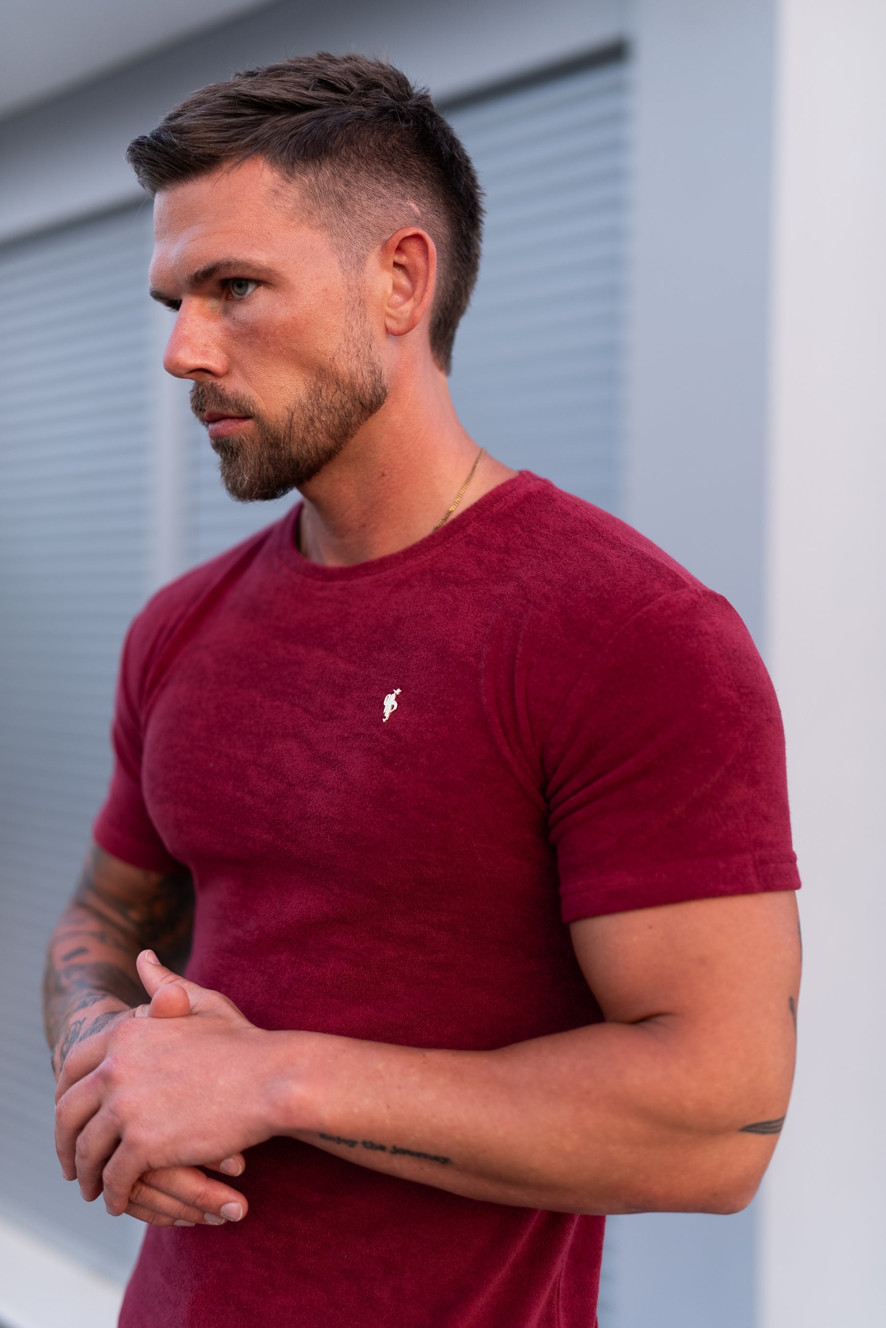 Burgundy / Gold Towelling Crew T Shirt - FSH1349