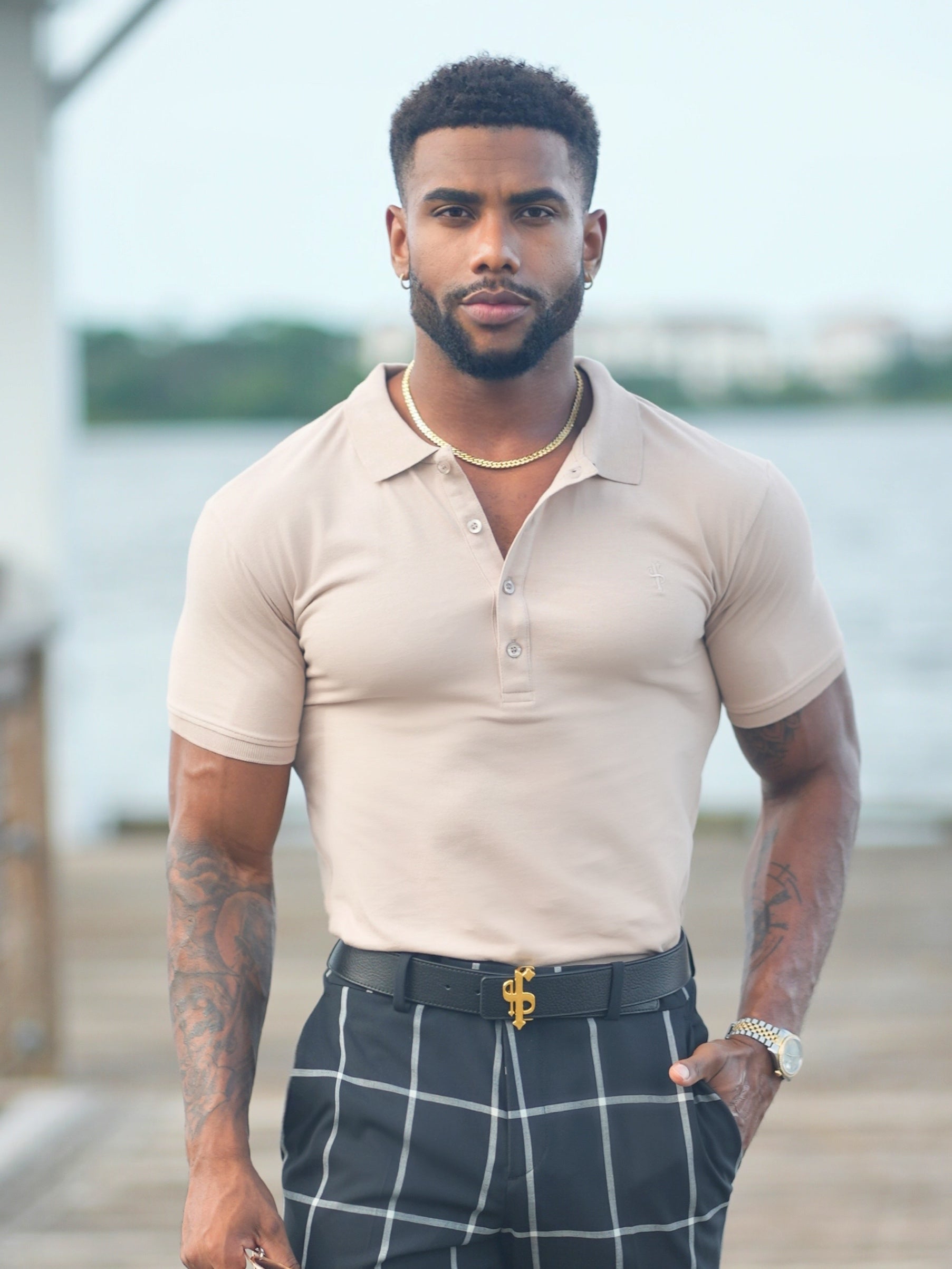 Classic Beige Polo Shirt with Tonal Button and Embroidery - FSH827