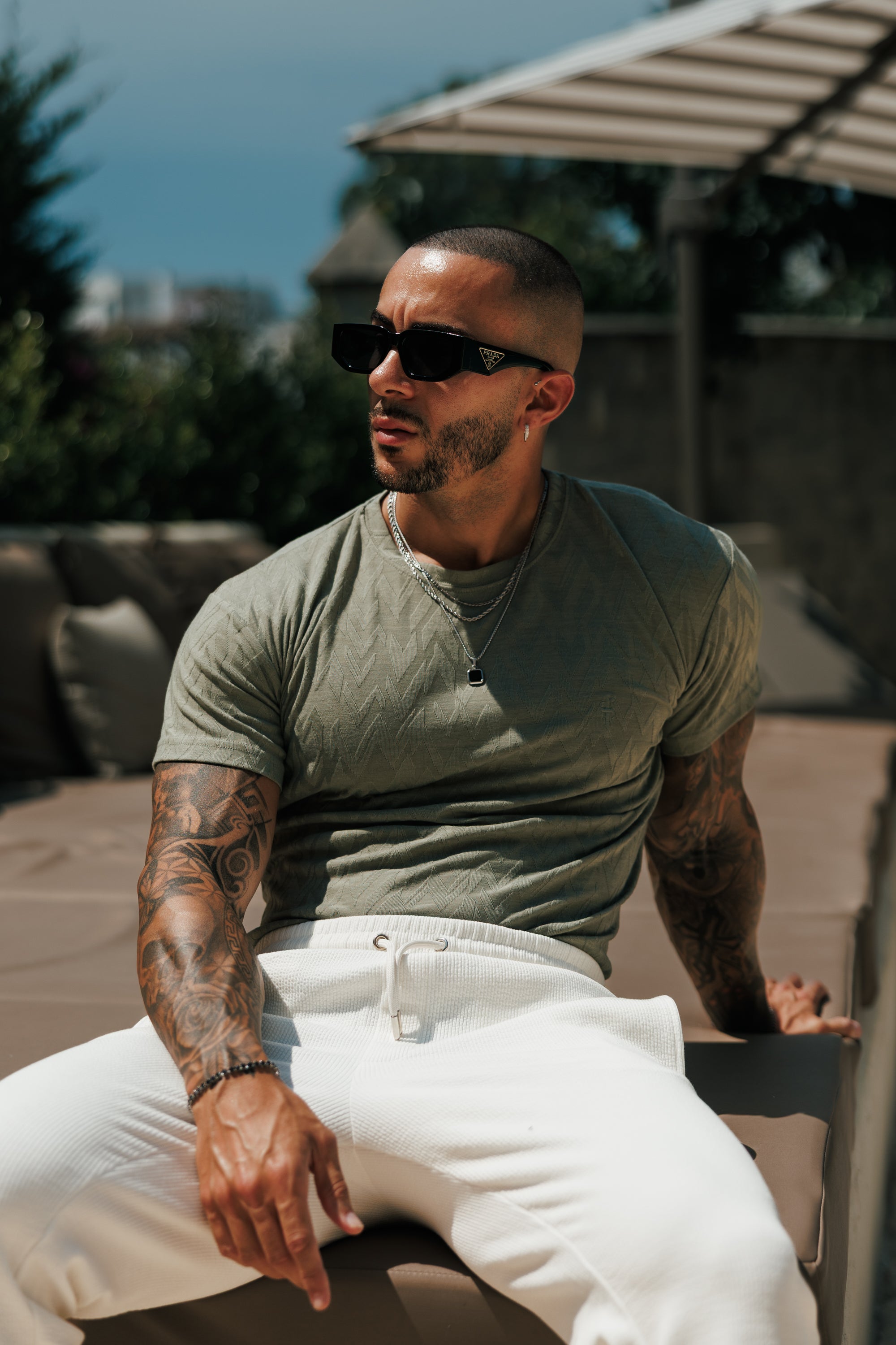 Regular Fit Jacquard Olive Chevron T-Shirt - FSR065