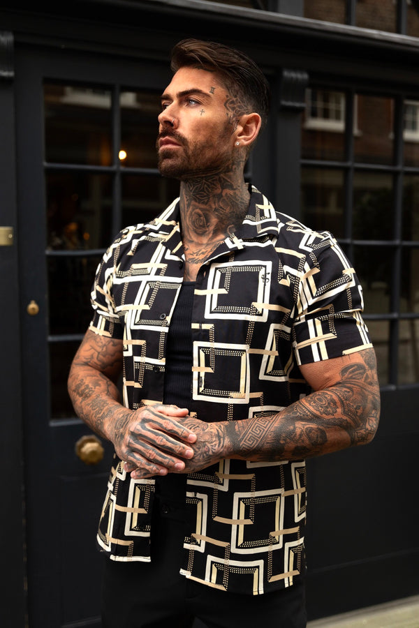 Father Sons Hawaiian Boxy Black / Cream Interlinked Square Print Stretch with Revere Collar Short Sleeve - FS997