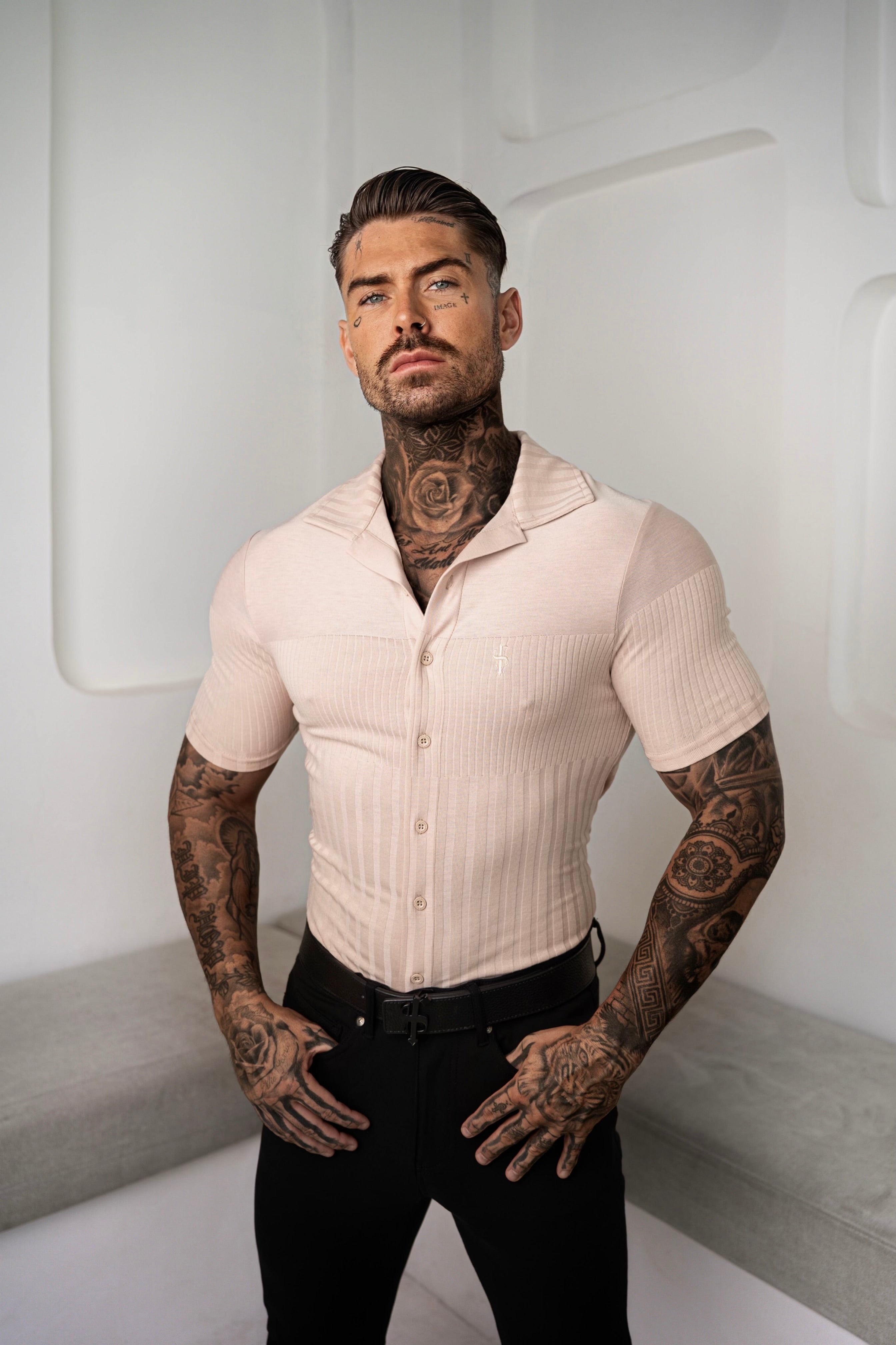 Jersey Revere Vertical Stripe Beige Shirt Short Sleeve - FSR026