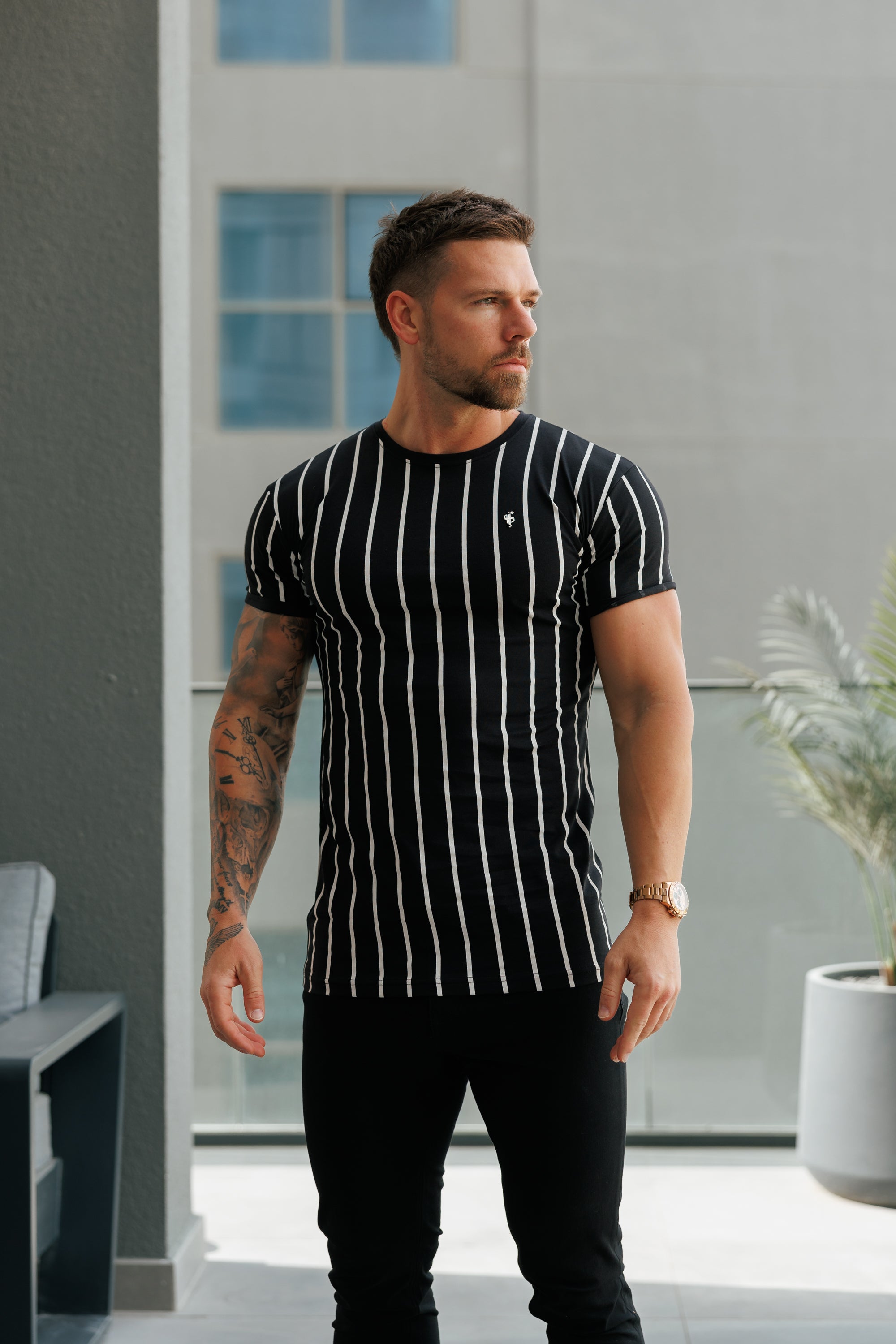 Printed Black / White Stripe Fitted T Shirt - FSH1167